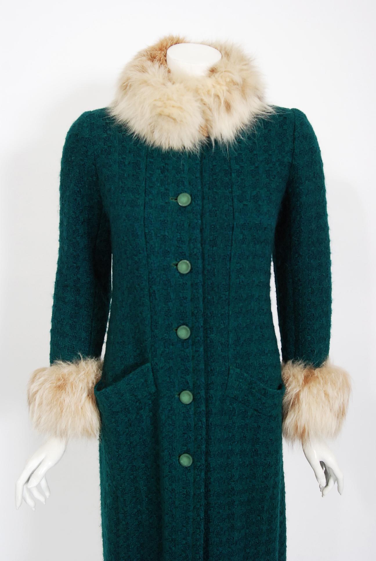 Chanel is known to be one of the most luxurious and decadent fashion houses in the world. This breathtaking forest green boucle wool coat from their 1974 haute couture fall-winter collection is a perfect example of why this couture brand has stood