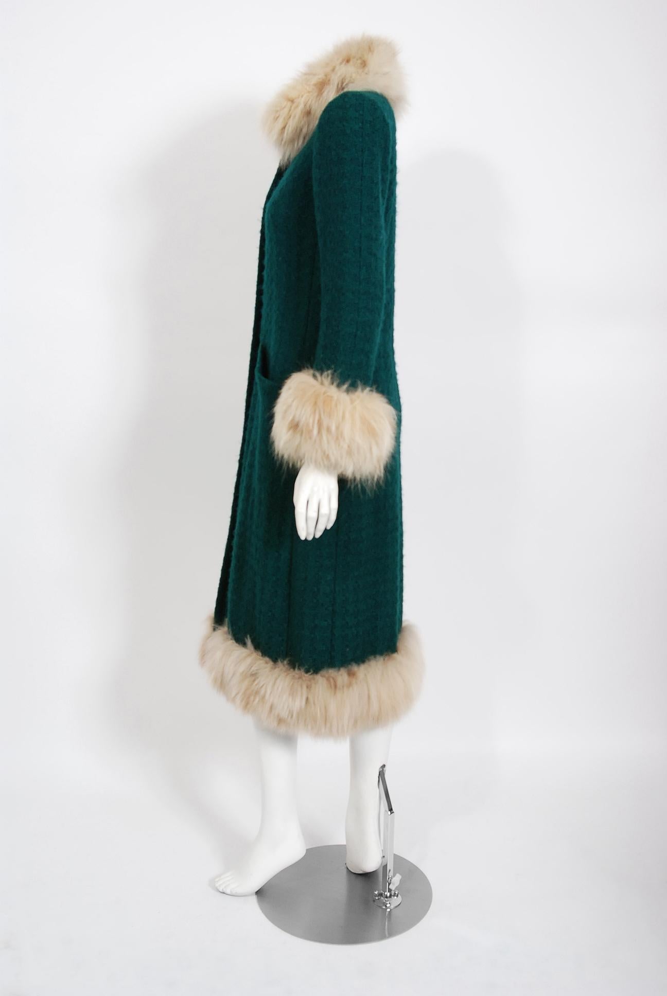 Vintage 1974 Chanel Haute-Couture Forest Green Boucle Wool & Fox-Fur Jacket Coat 1