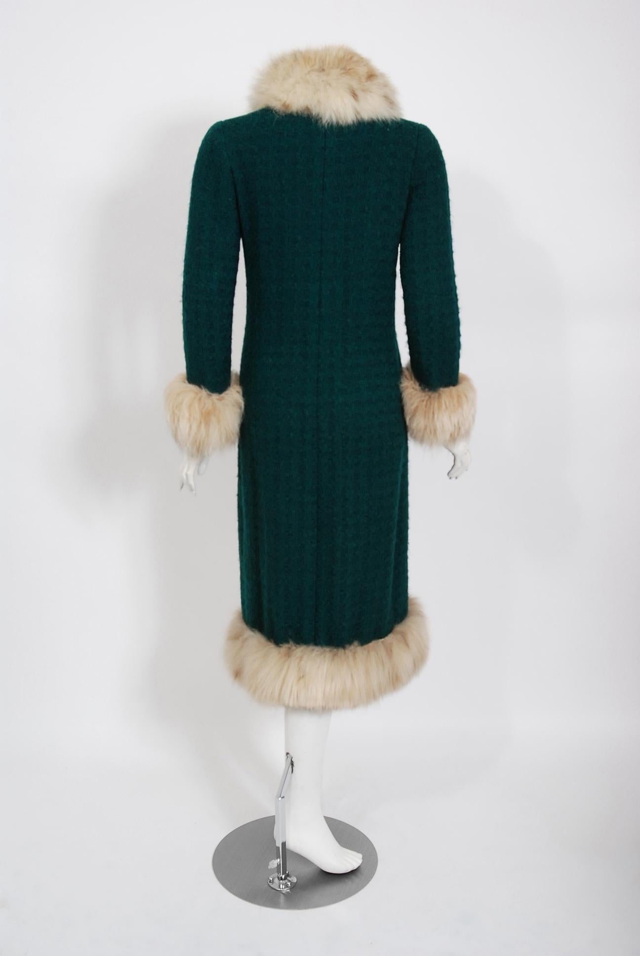 Vintage 1974 Chanel Haute-Couture Forest Green Boucle Wool & Fox-Fur Jacket Coat 2