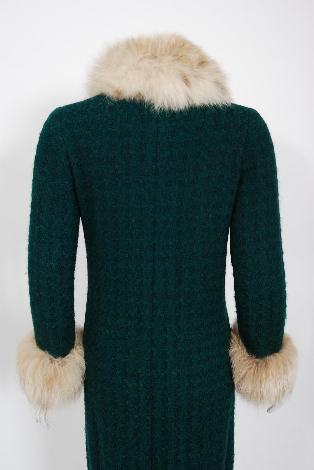 Vintage 1974 Chanel Haute-Couture Forest Green Boucle Wool & Fox-Fur Jacket Coat 3