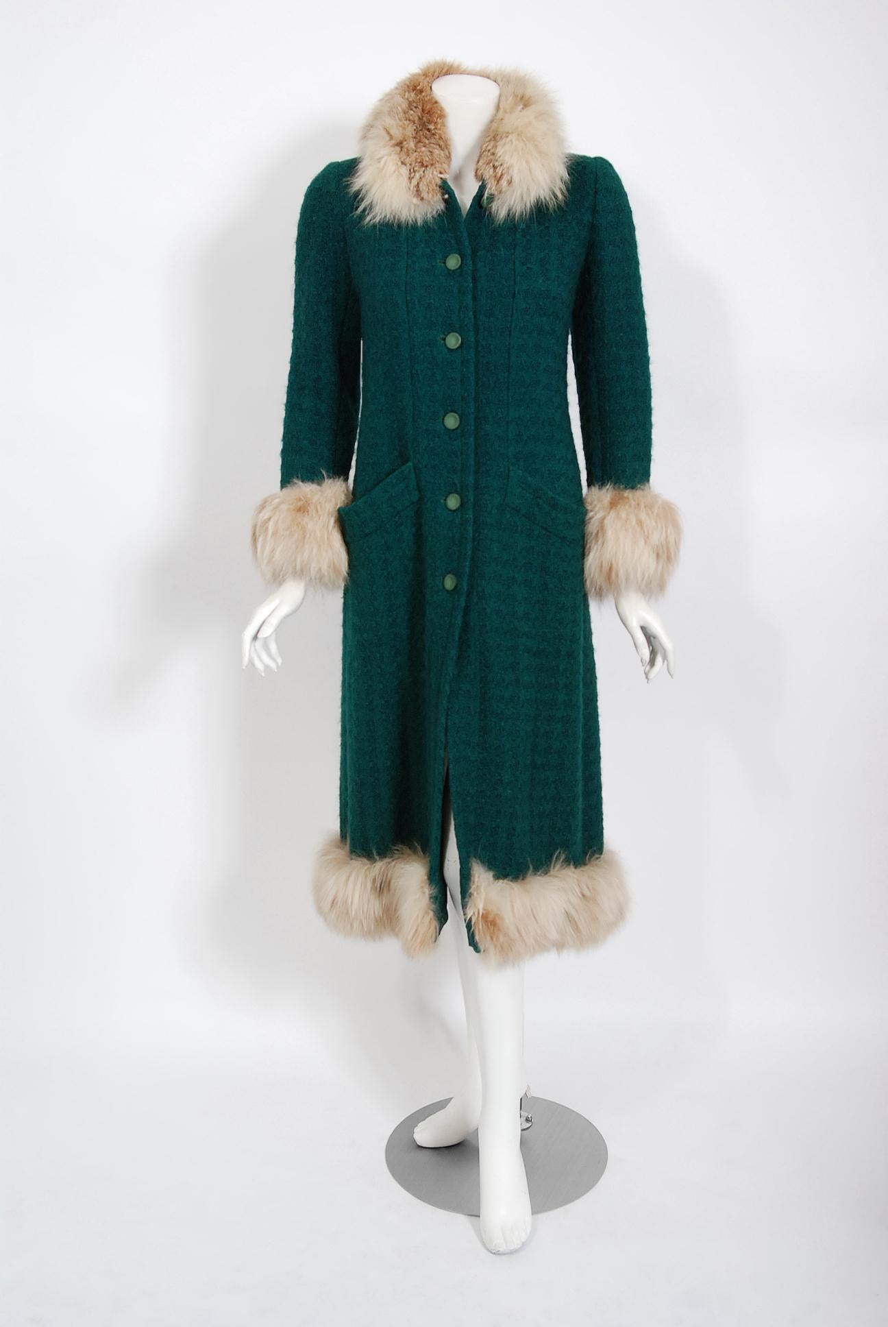 Vintage 1974 Chanel Haute-Couture Forest Green Boucle Wool & Fox-Fur Jacket Coat 4
