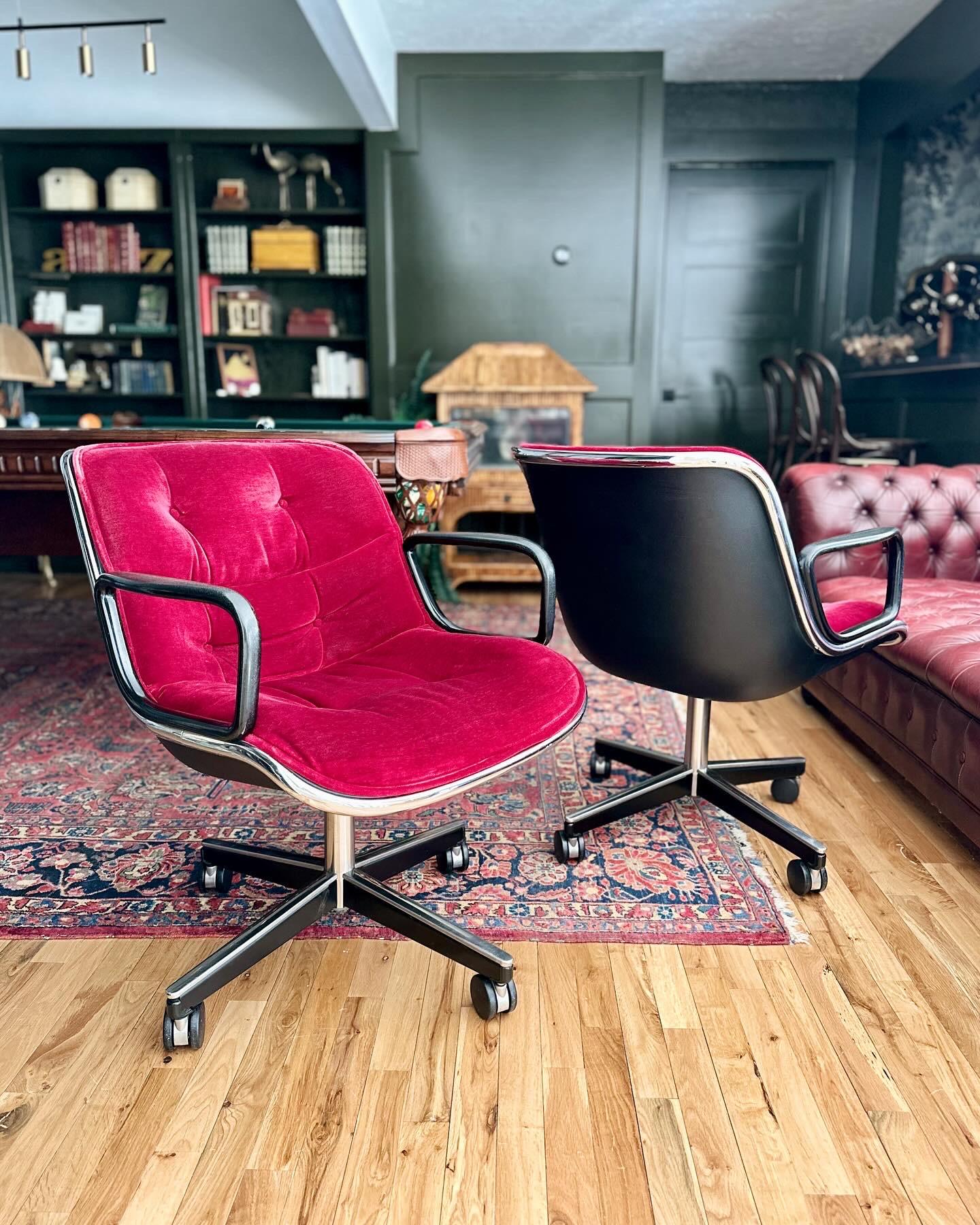 Two incredible Charles Pollock for Knoll executive chairs in a rare cranberry-red mohair, labeled and dated 1974. These are midcentury modern classics, super comfortable and in stellar condition. Both have the less common four-star base with
