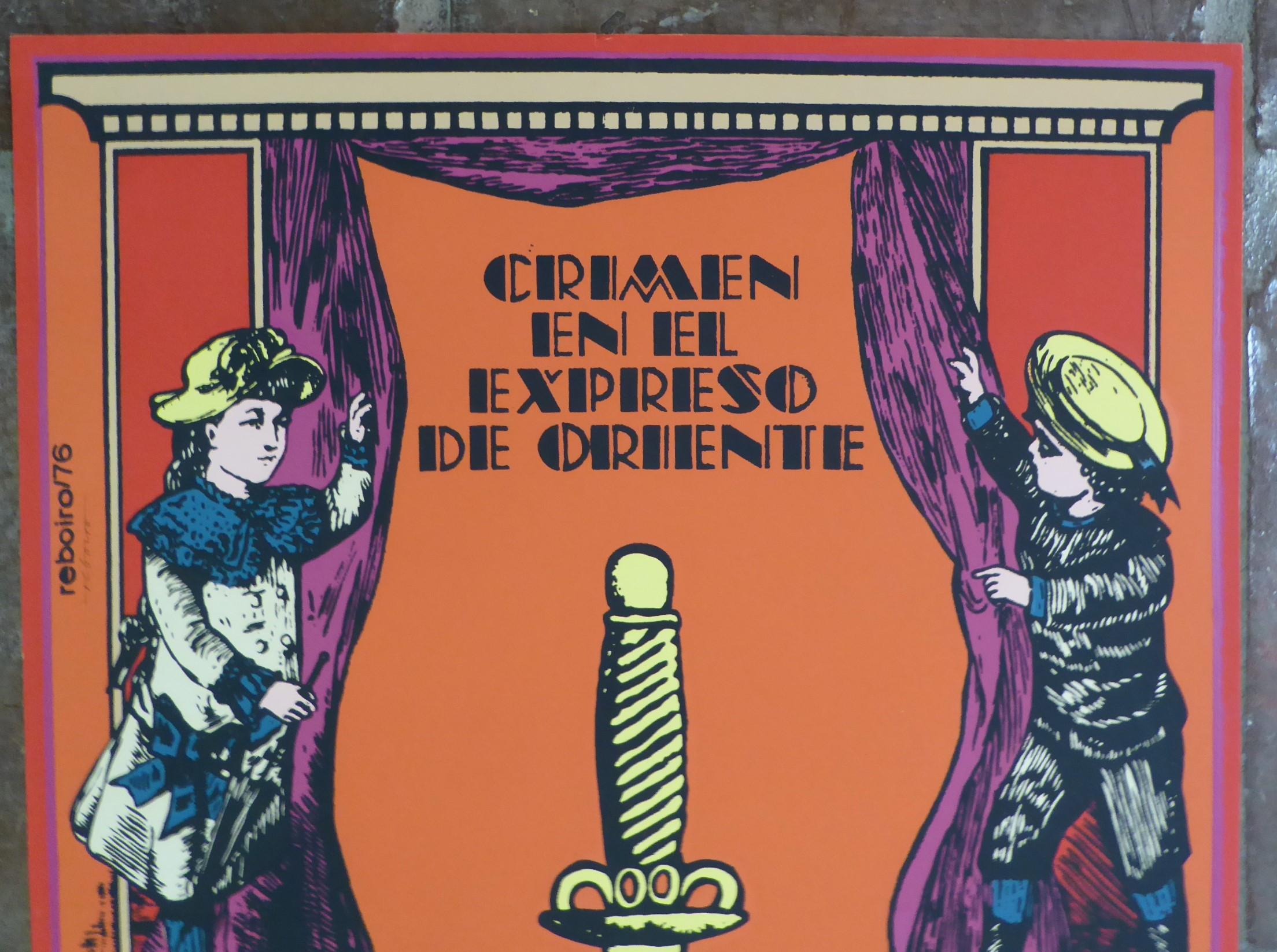 Movie Silkscreen Poster for the 1974 Murder on the Orient Express poster by Antonio Fernández Reboiro in 1976 for the  ICAIC.  Titled ” CRIMEN EN EL EXPRESO DE ORIENTE – film en ingles en colores/dtr: sidney lumet – con: albert finney/richard