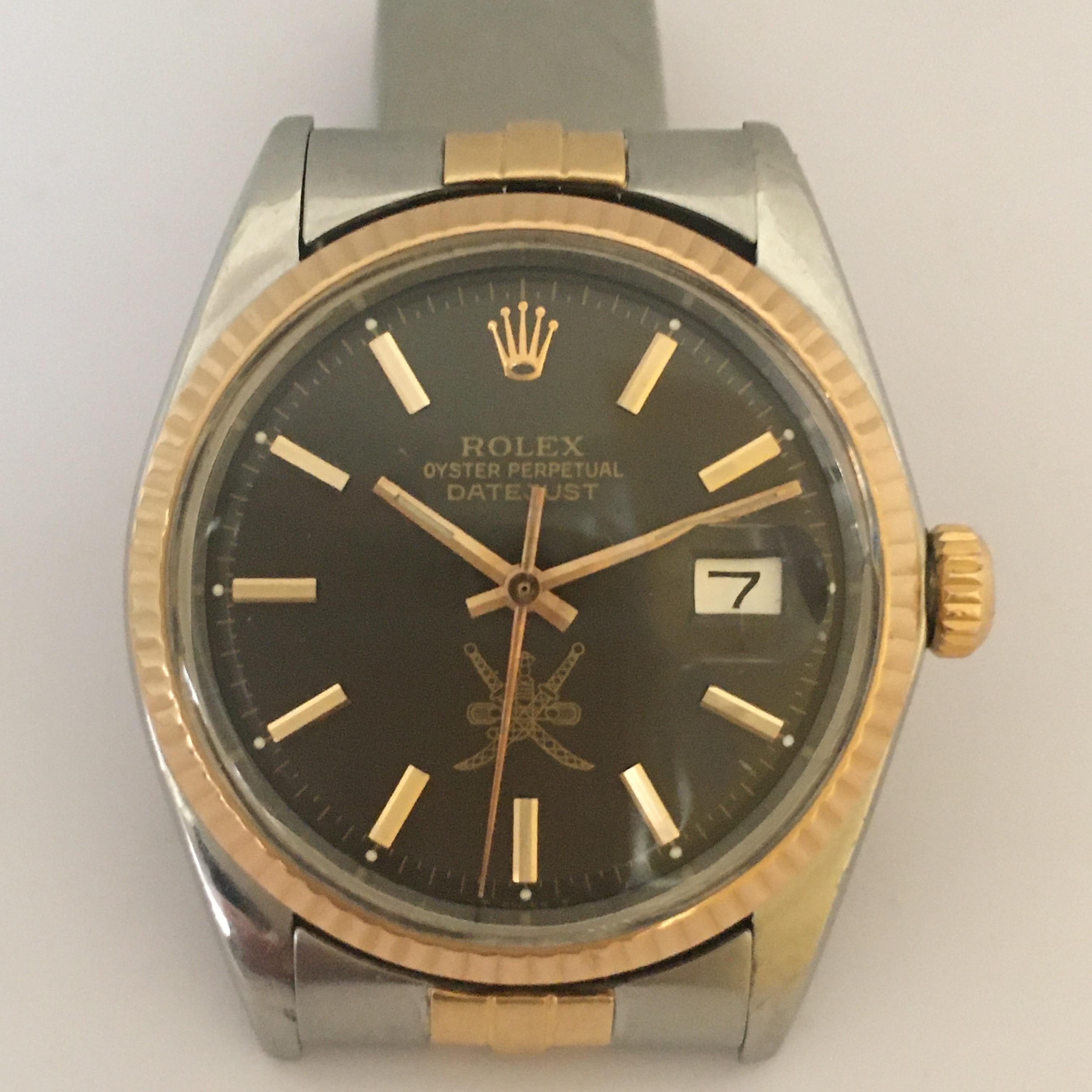 1974 Gent's Rolex Date Just Khanjar Black خنجر Dial 18K Two Tone Watch Ref 1603 For Sale 7
