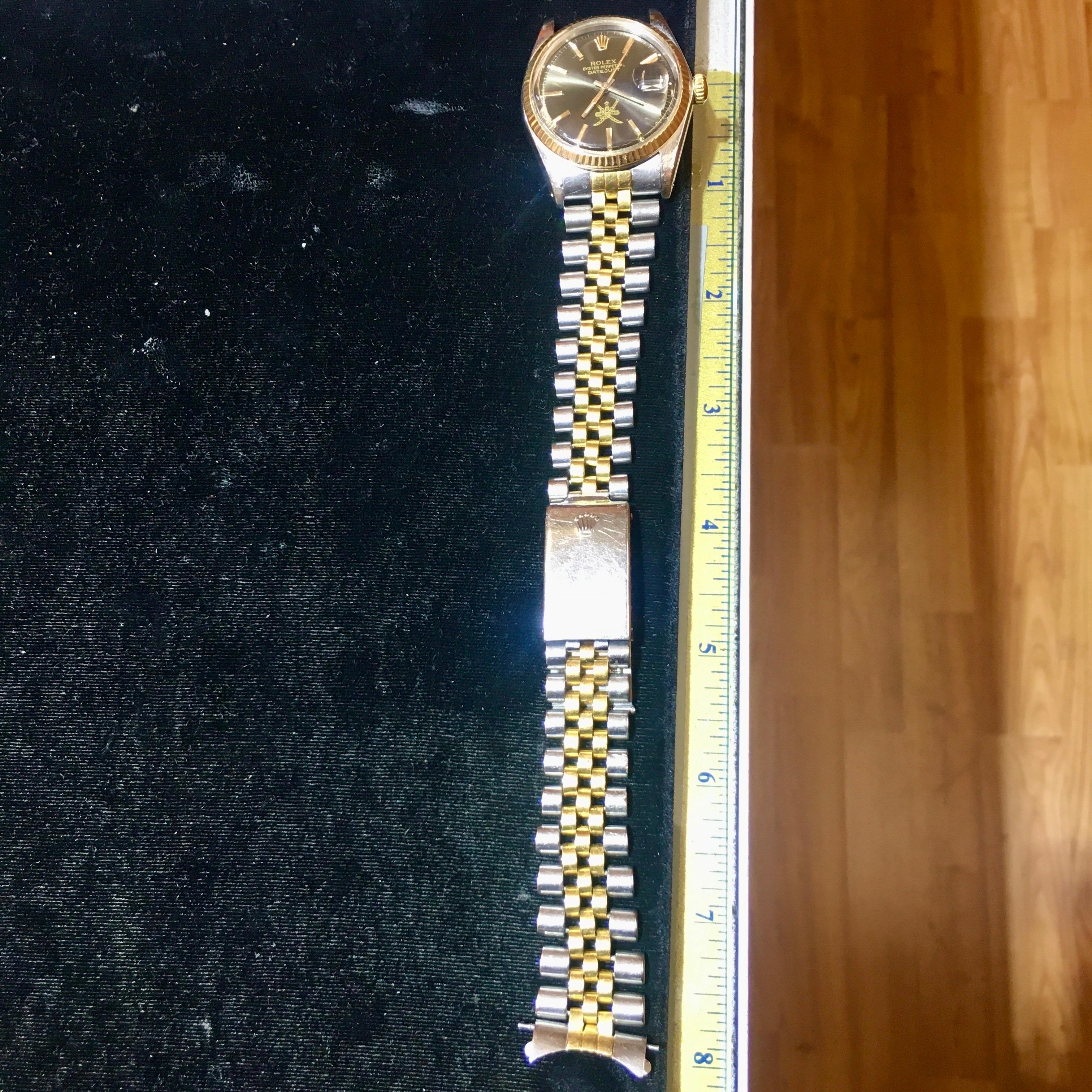 1974 Gent's Rolex Date Just Khanjar Black خنجر Dial 18K Two Tone Watch Ref 1603 For Sale 9