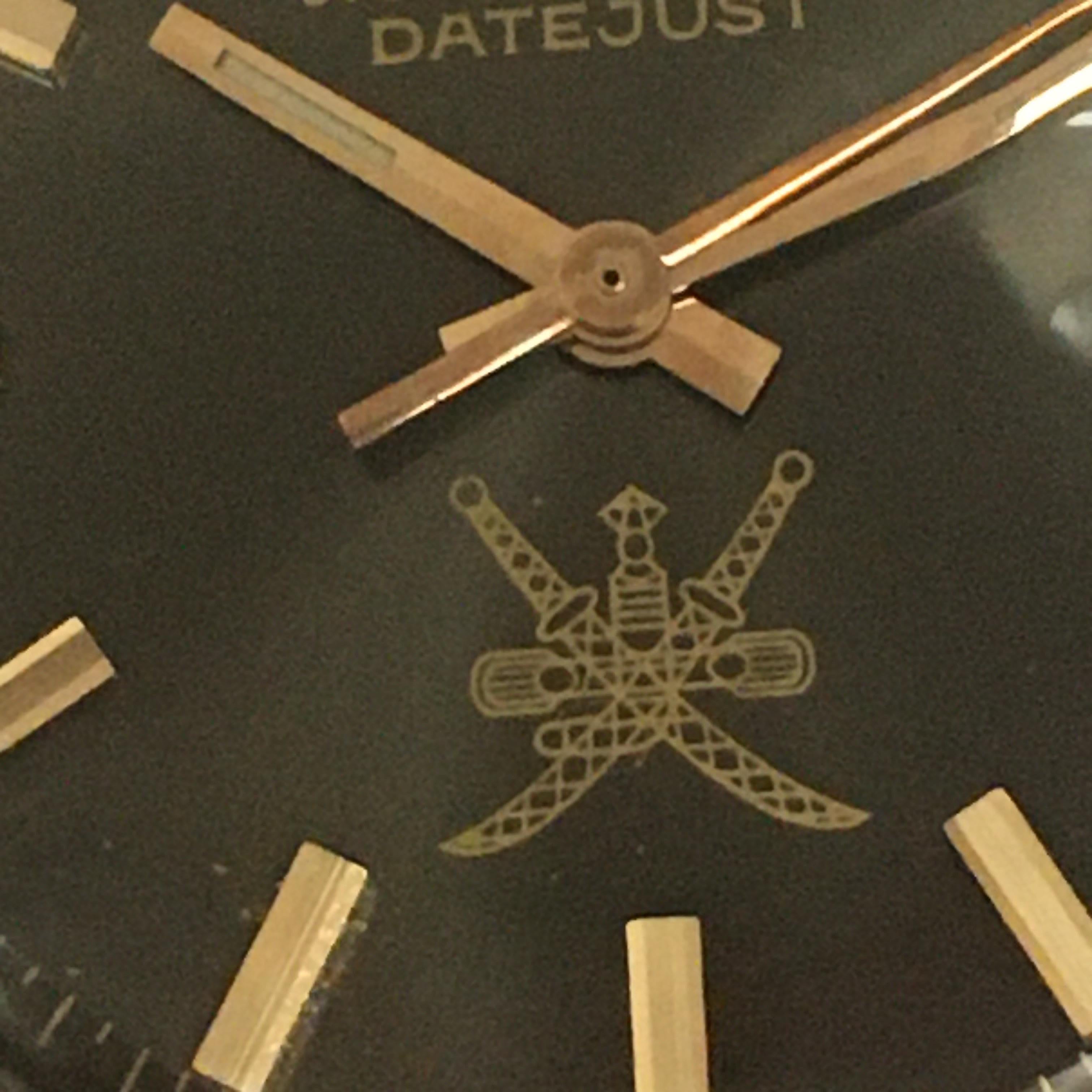 Men's 1974 Gent's Rolex Date Just Khanjar Black خنجر Dial 18K Two Tone Watch Ref 1603 For Sale