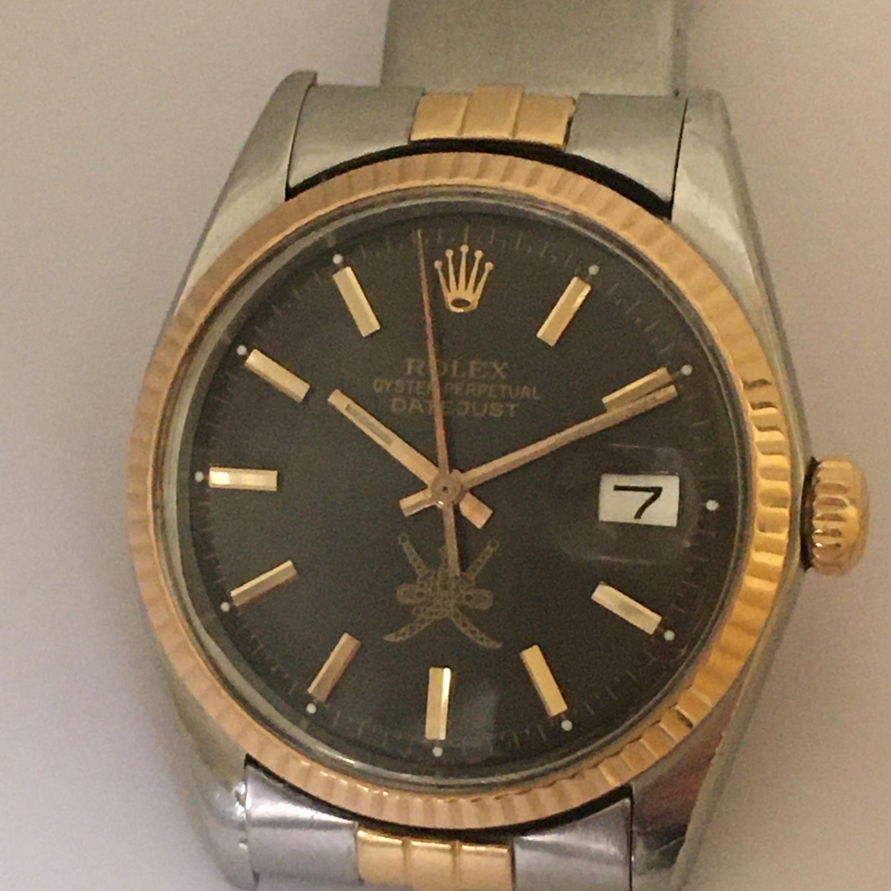 1974 Gent's Rolex Date Just Khanjar Black خنجر Dial 18K Two Tone Watch Ref 1603 For Sale 1