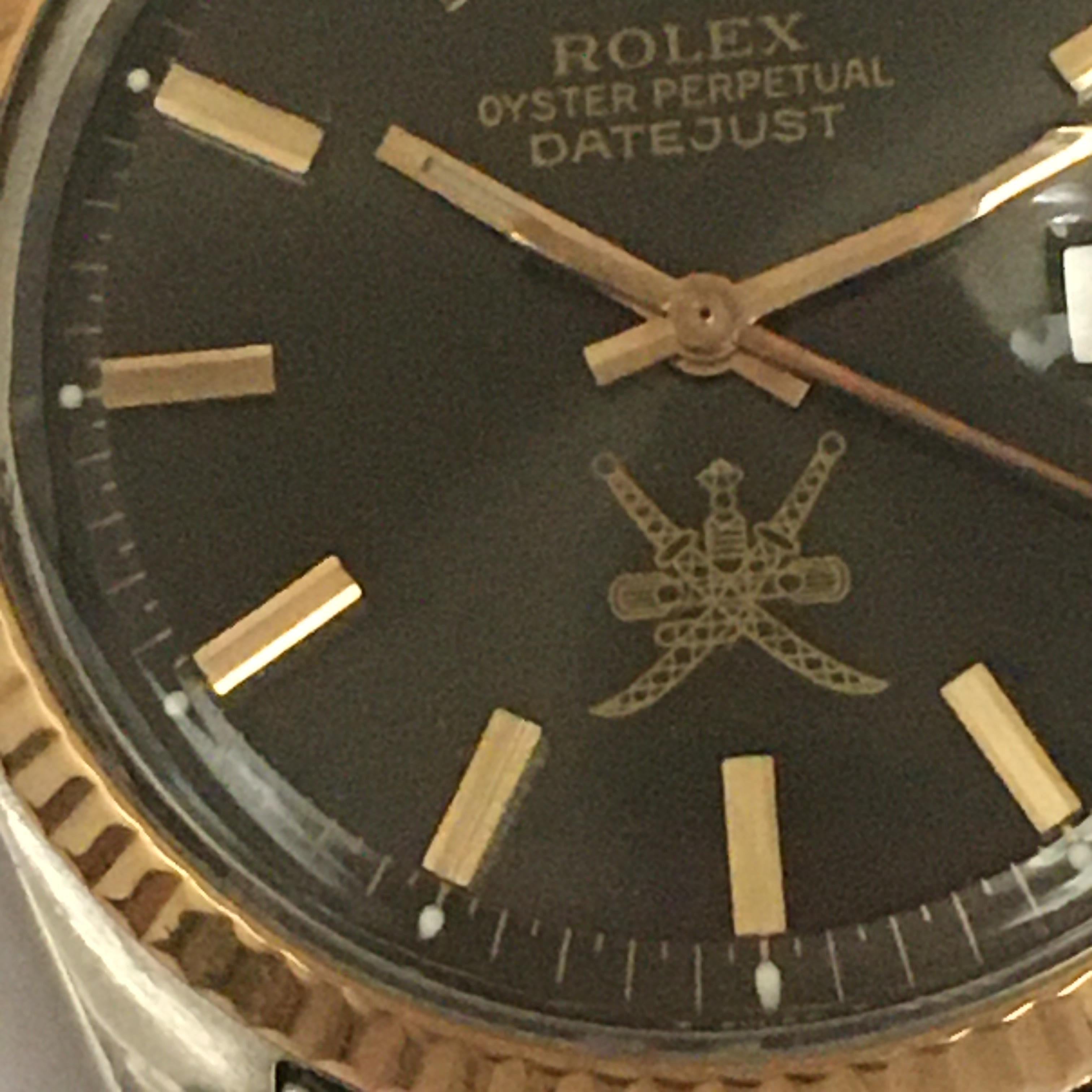 1974 Gent's Rolex Date Just Khanjar Black خنجر Dial 18K Two Tone Watch Ref 1603 For Sale 2