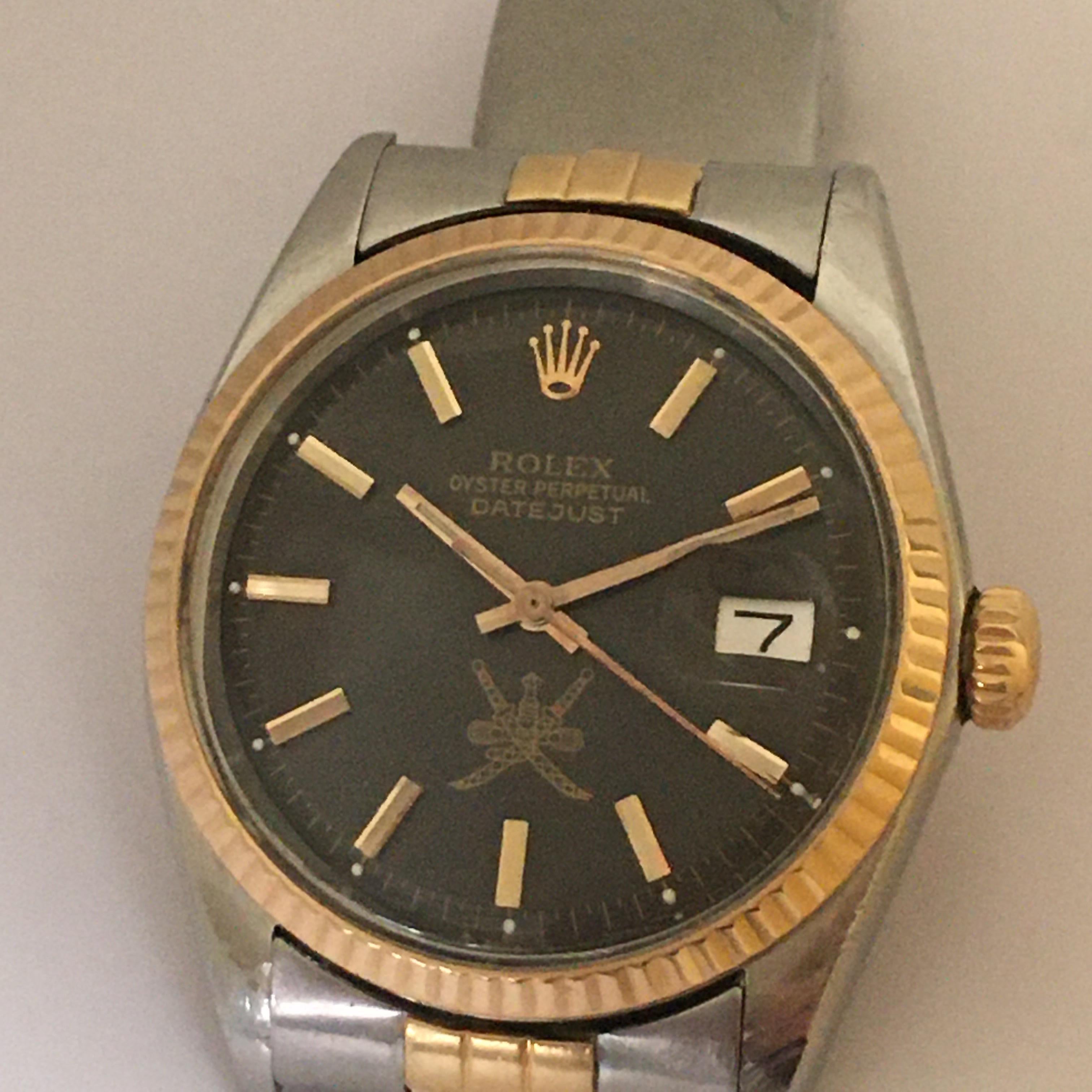 1974 Gent's Rolex Date Just Khanjar Black خنجر Dial 18K Two Tone Watch Ref 1603 For Sale 3