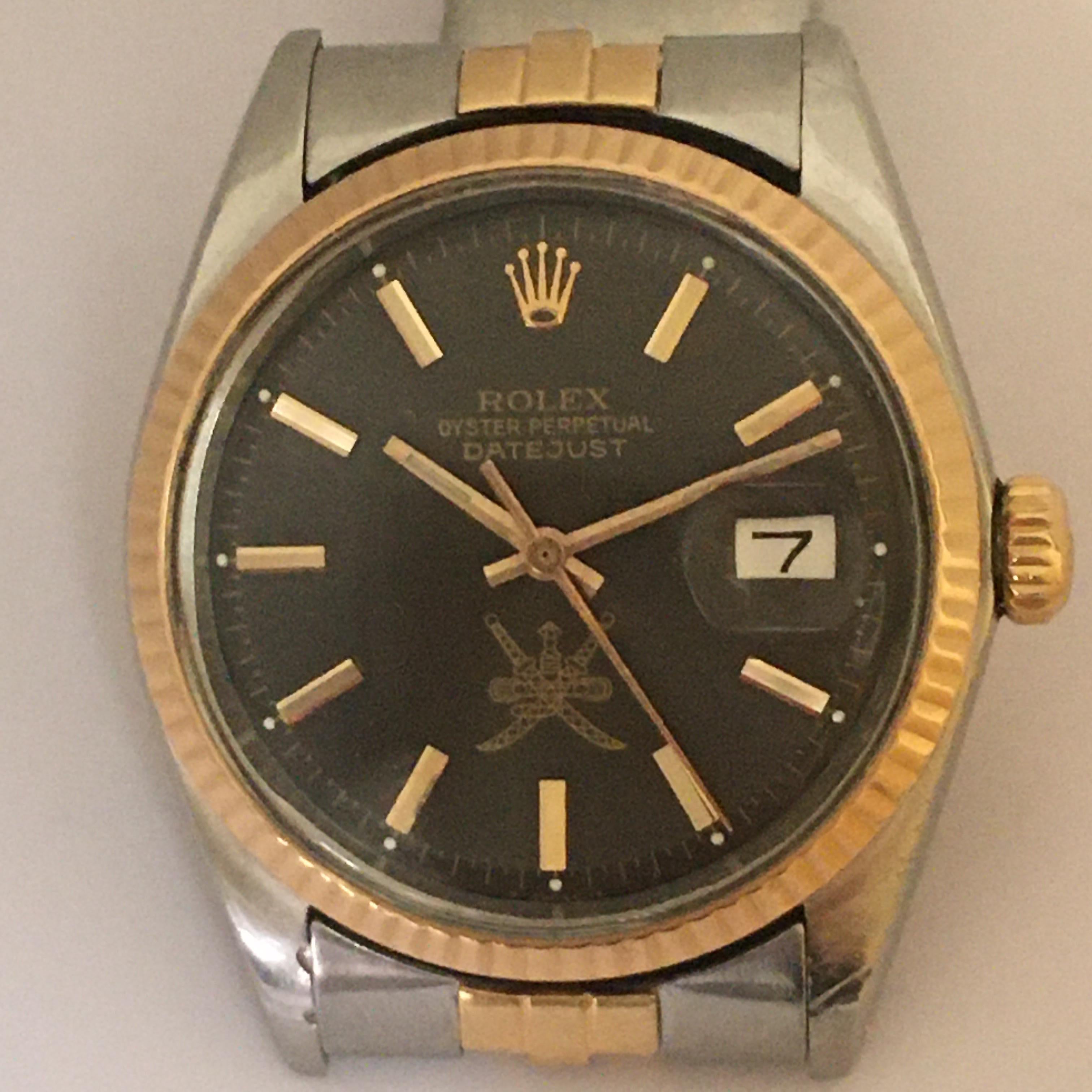 1974 Gent's Rolex Date Just Khanjar Black خنجر Dial 18K Two Tone Watch Ref 1603 For Sale 4