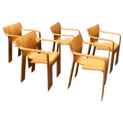 1974, Gijs Bakker Castelijn, 5 Stackable Bended Wood Strip Rare Arm Chairs