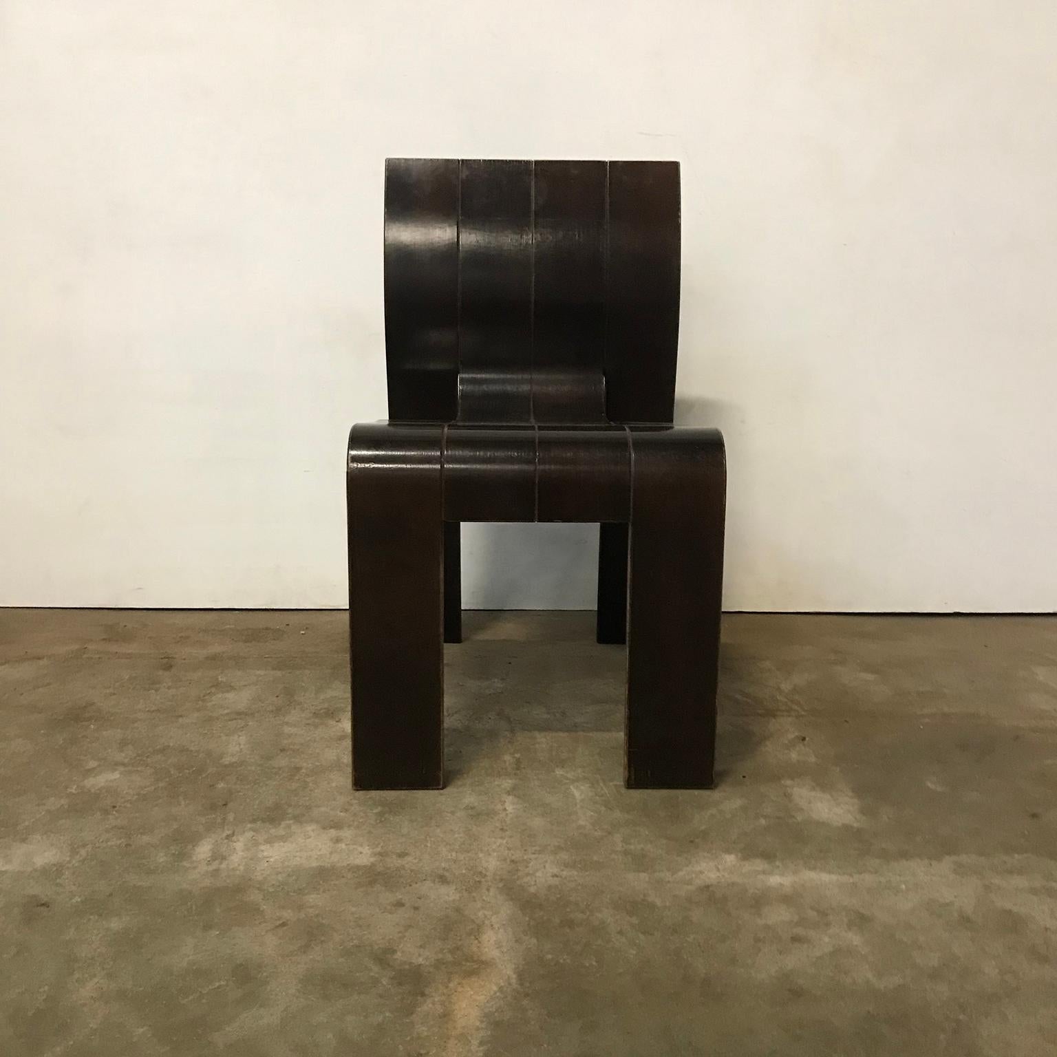 1974, Gijs Bakker, Castelijn, Brown Varnished Stackable Bended Wood Strip Chairs 3