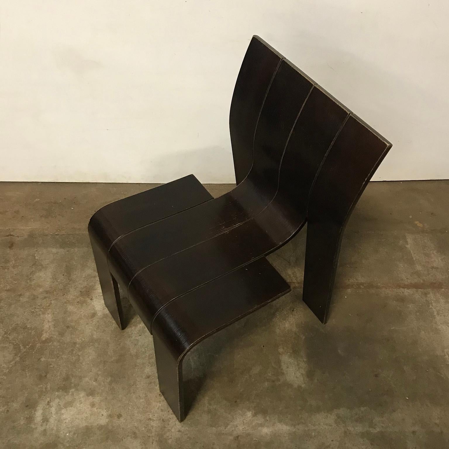 1974, Gijs Bakker, Castelijn, Brown Varnished Stackable Bended Wood Strip Chairs 4