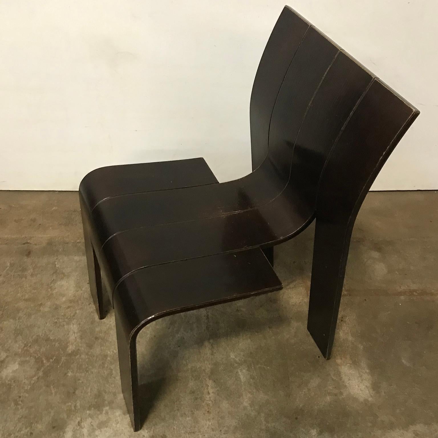 1974, Gijs Bakker, Castelijn, Brown Varnished Stackable Bended Wood Strip Chairs 6