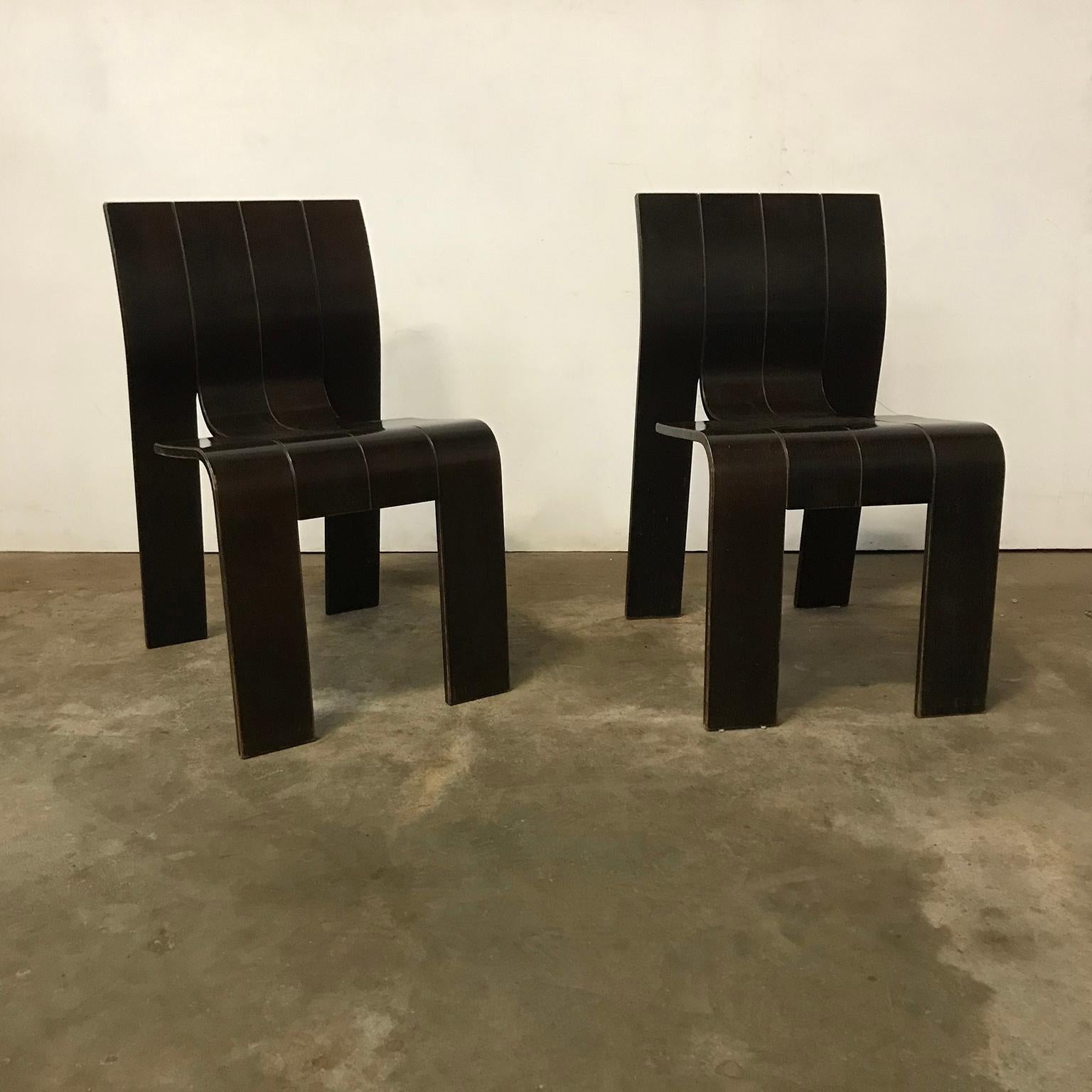 Mid-Century Modern 1974, Gijs Bakker, Castelijn, Brown Varnished Stackable Bended Wood Strip Chairs