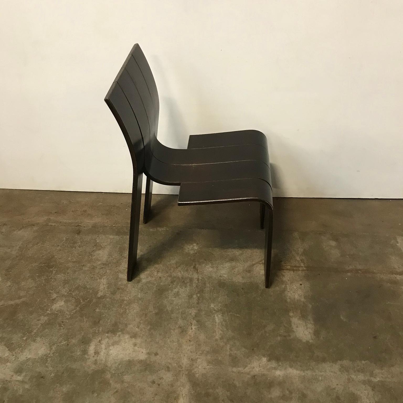 1974, Gijs Bakker, Castelijn, Brown Varnished Stackable Bended Wood Strip Chairs 1