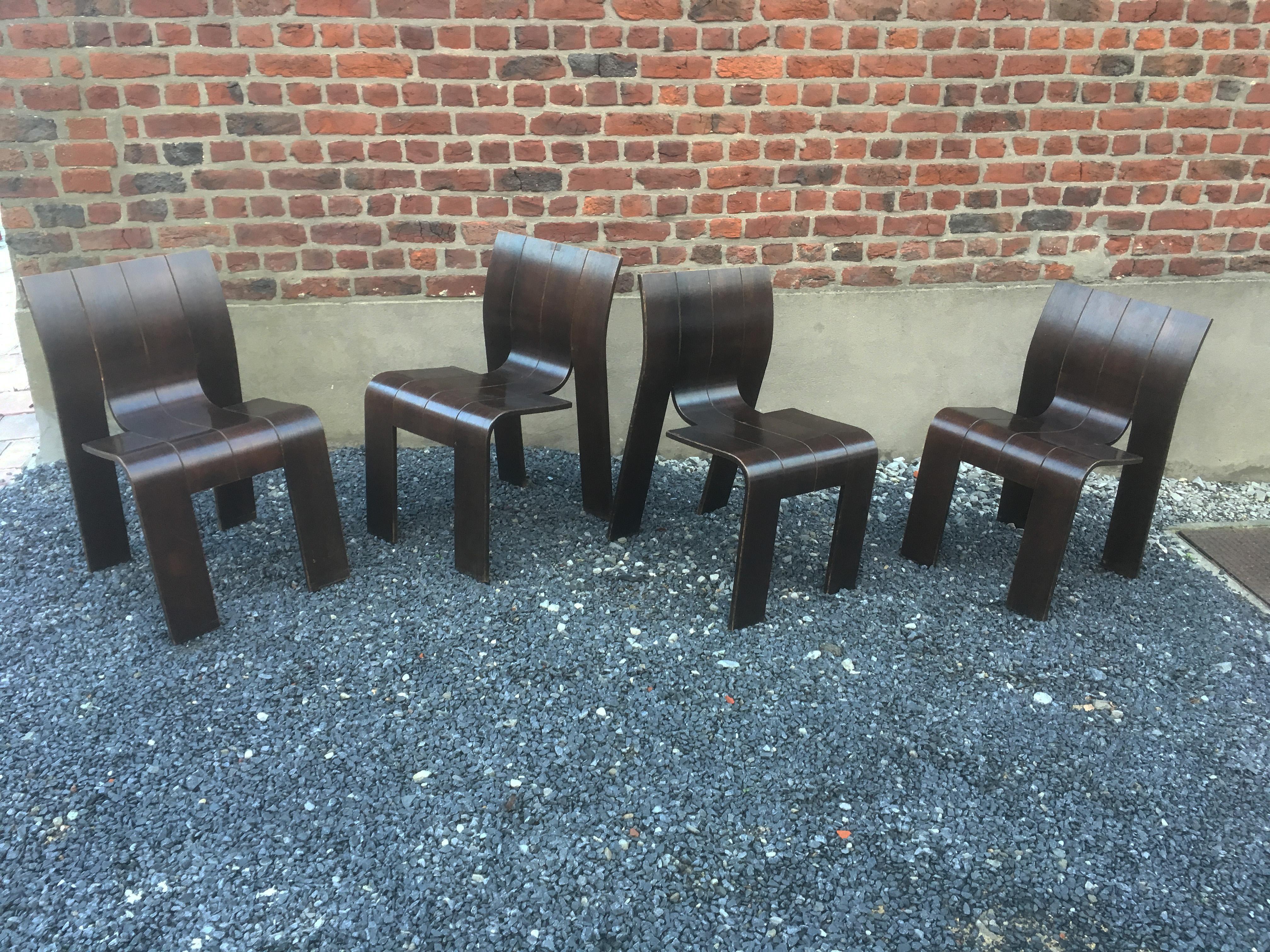 1974, Gijs Bakker, Castelijn, four Stackable Bended Wood Strip Chair 4