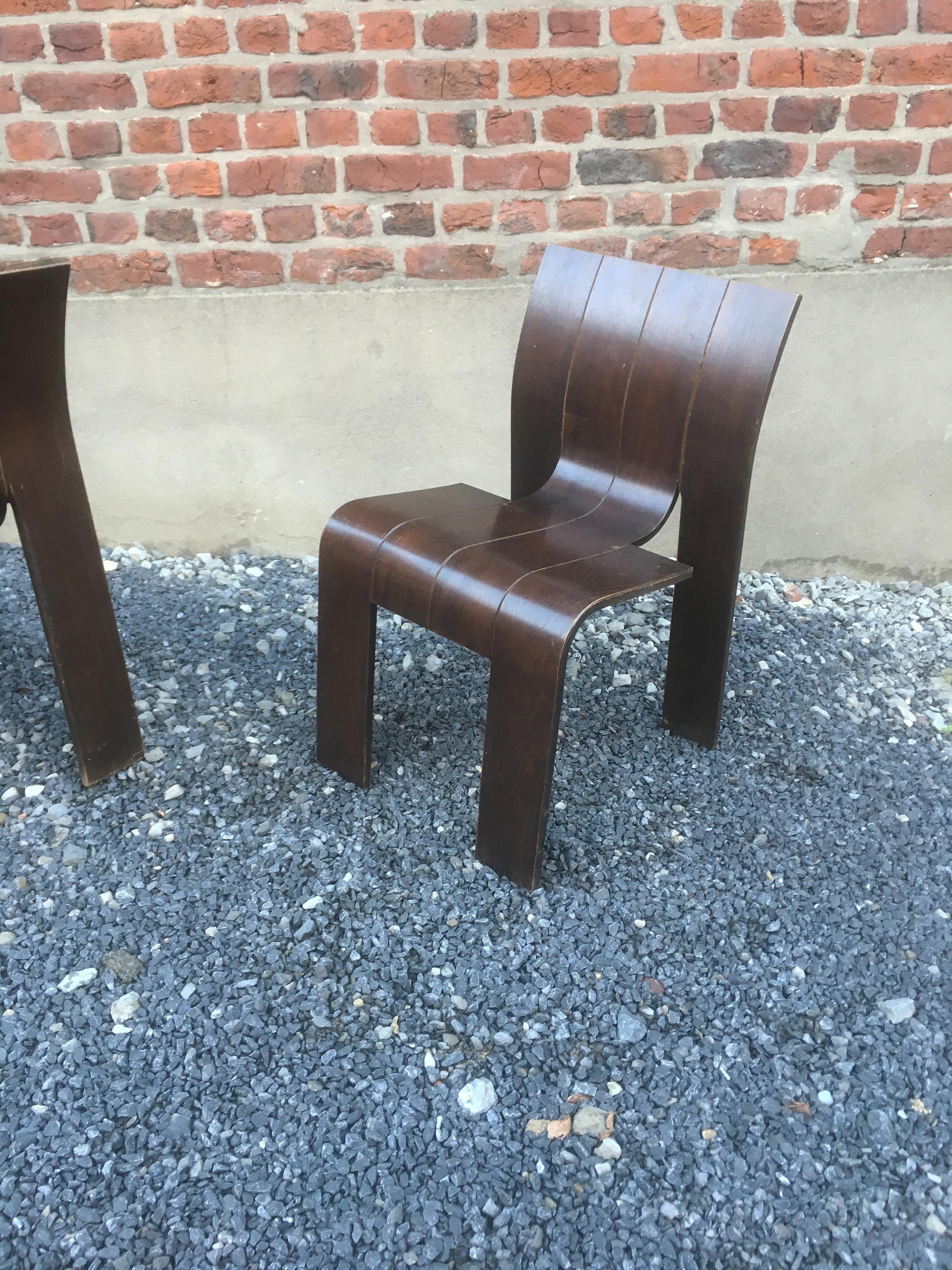 1974, Gijs Bakker, Castelijn, four Stackable Bended Wood Strip Chair In Good Condition In Saint-Ouen, FR
