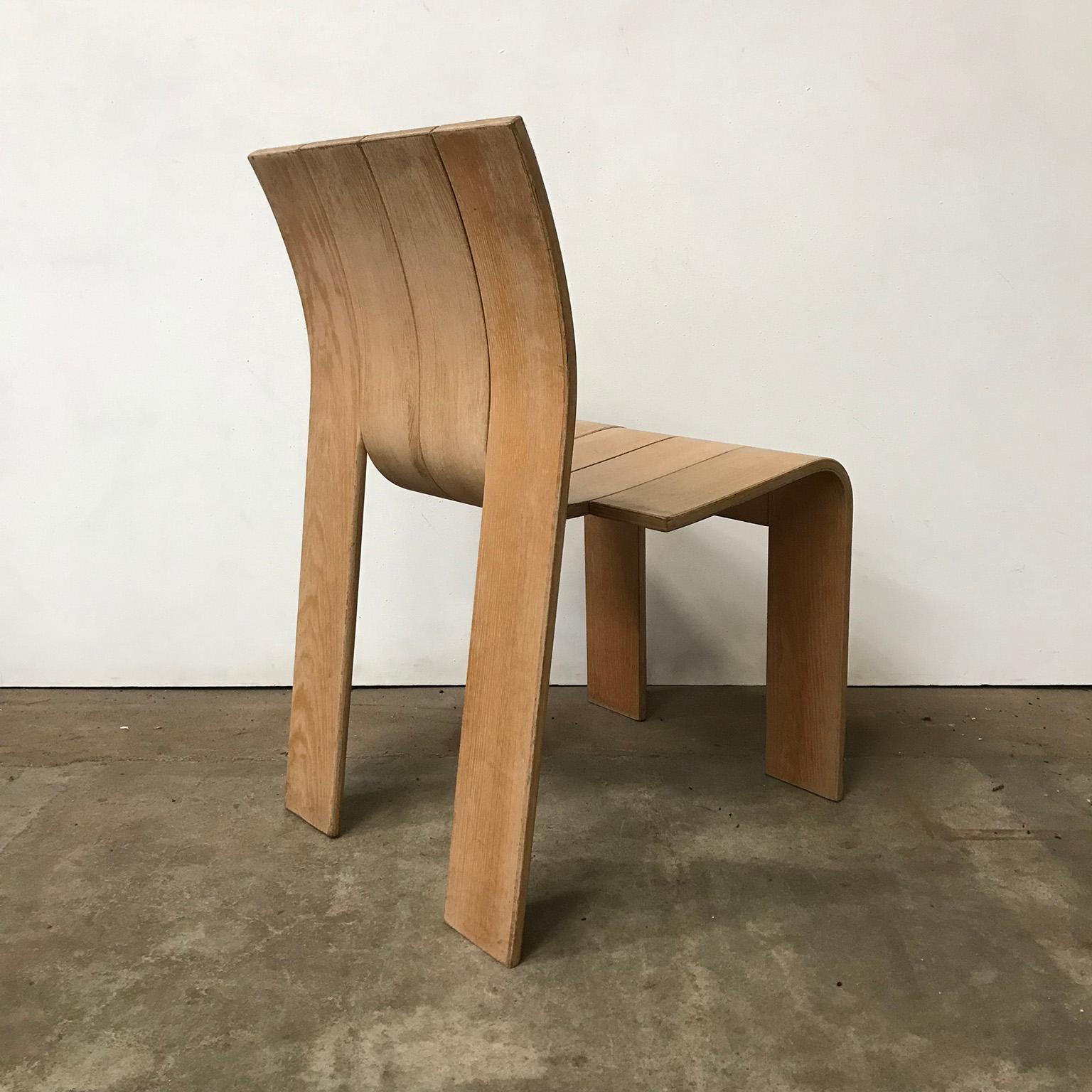 Dutch 1974, Gijs Bakker, Castelijn, Varnished Stackable Bended Wood Strip Chair