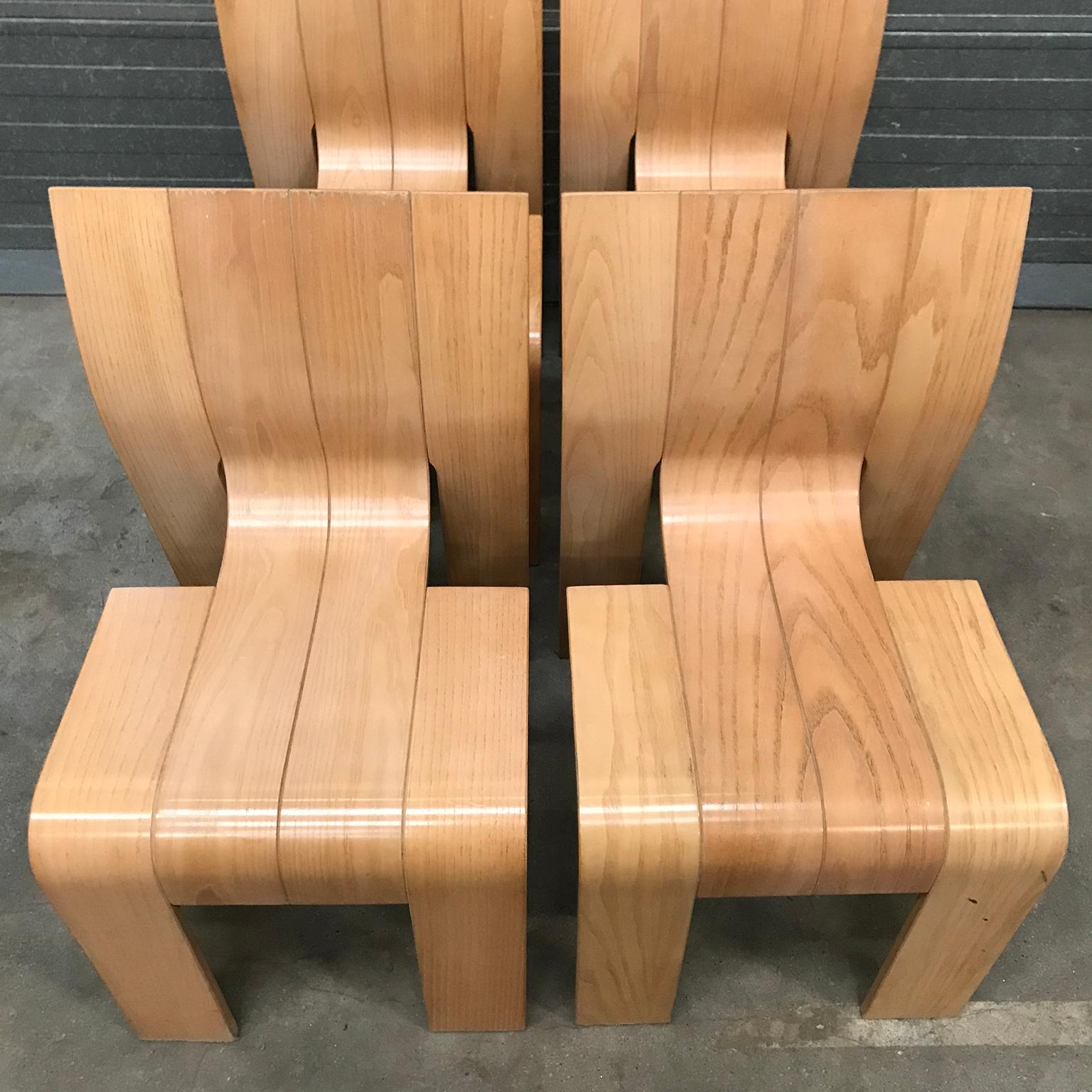 1974, Gijs Bakker for Castelijn, Set of Stackable Bended Wood Strip Chairs For Sale 4