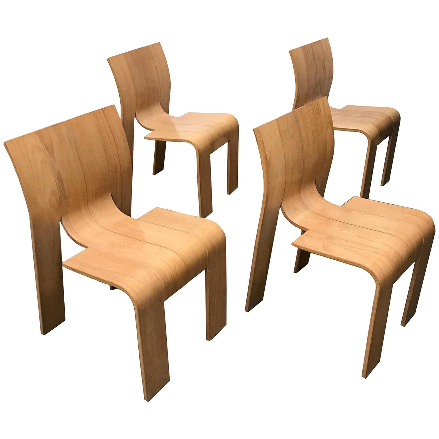 1974, Gijs Bakker for Castelijn, Set of Stackable Bended Wood Strip Chairs For Sale