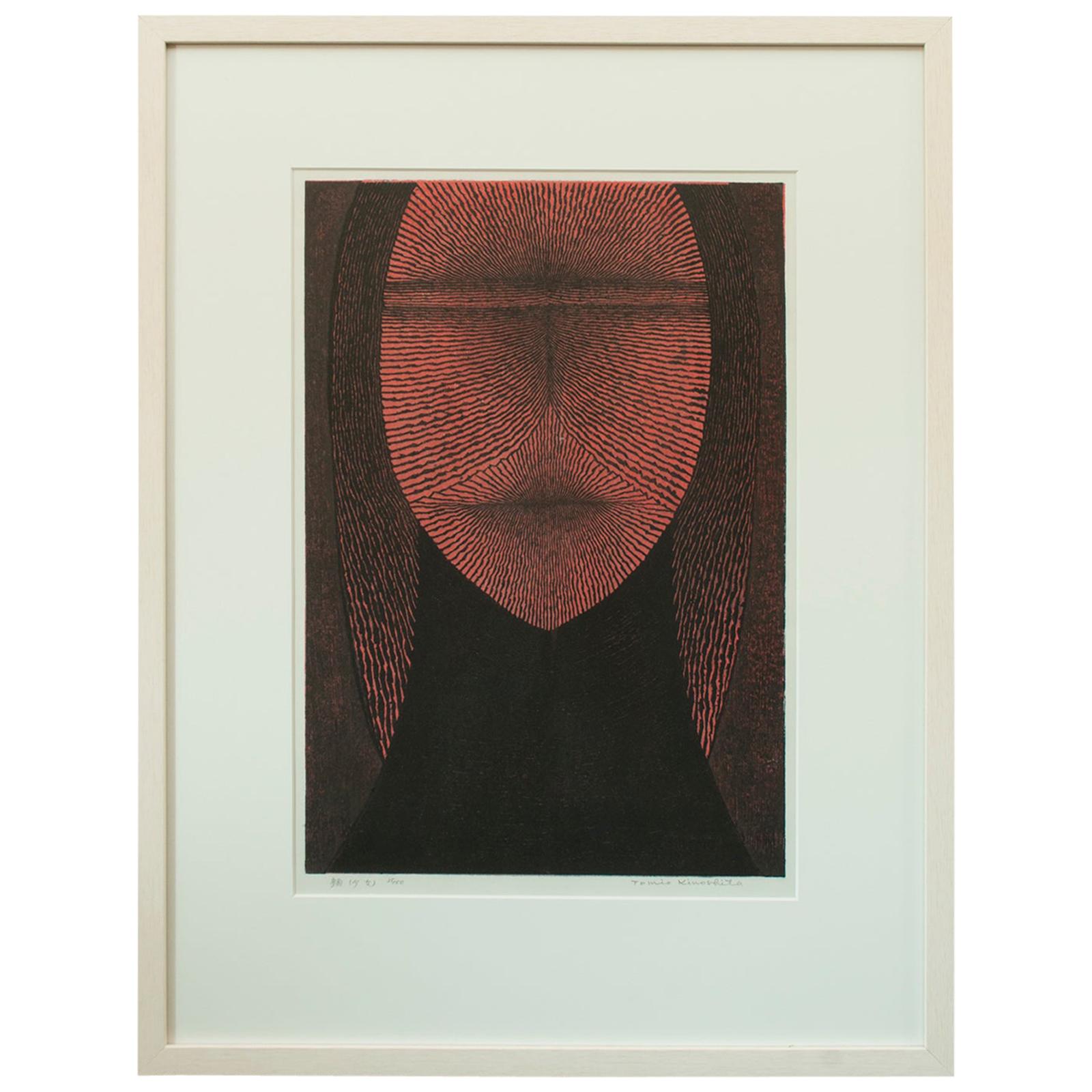 1974 Graphic Woodblock Print "Young Girl" by Tomio Kinoshita, Japan For