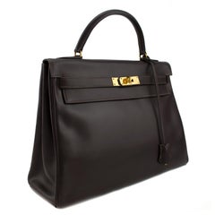 1974 Hermes 32cm Kelly Bag in Dark Brown Box Leather