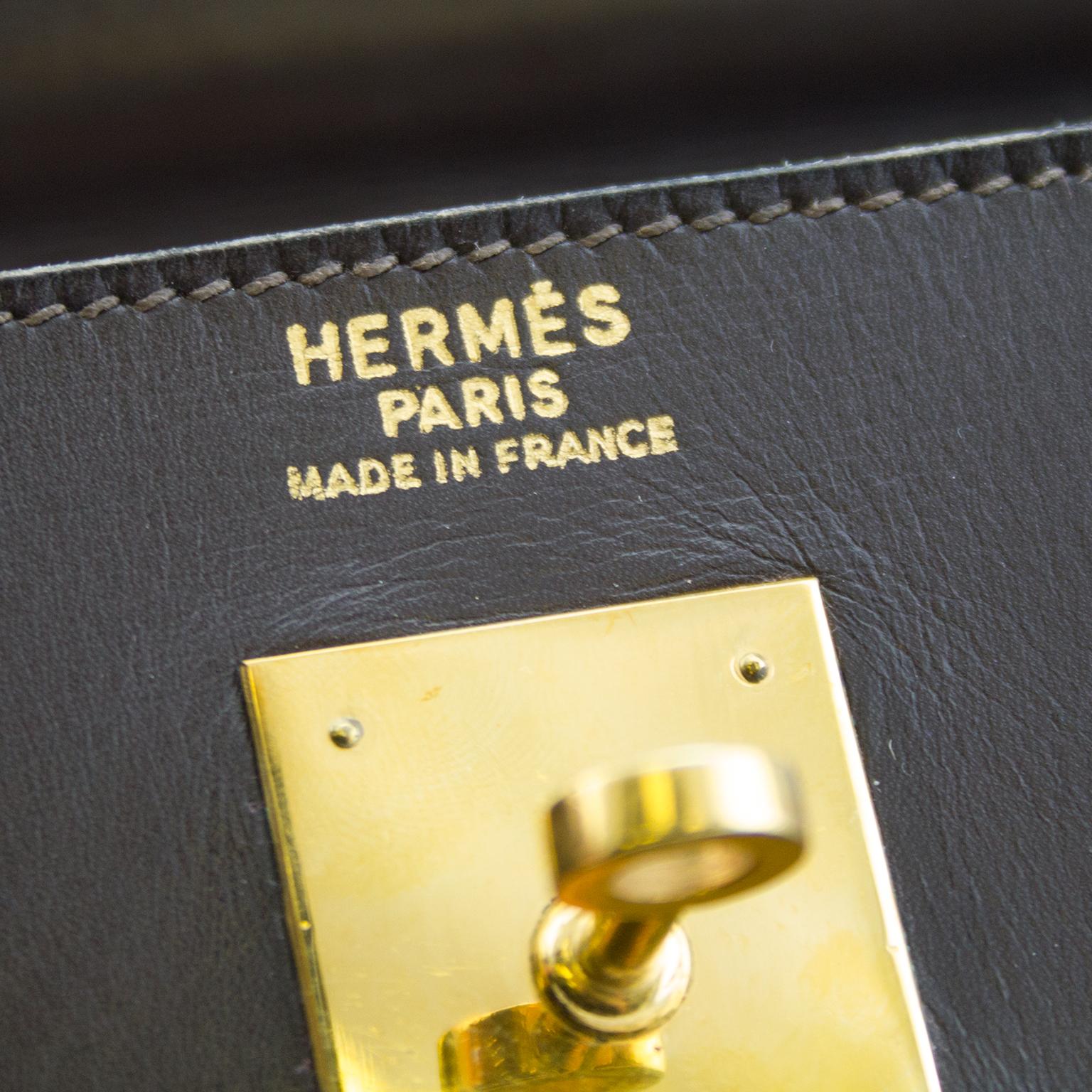 Black 1974 Hermes 32cm Kelly Bag in Dark Brown Box Leather