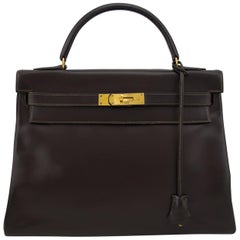 1974 Hermes 32cm Kelly Bag in Dark Brown Box Leather