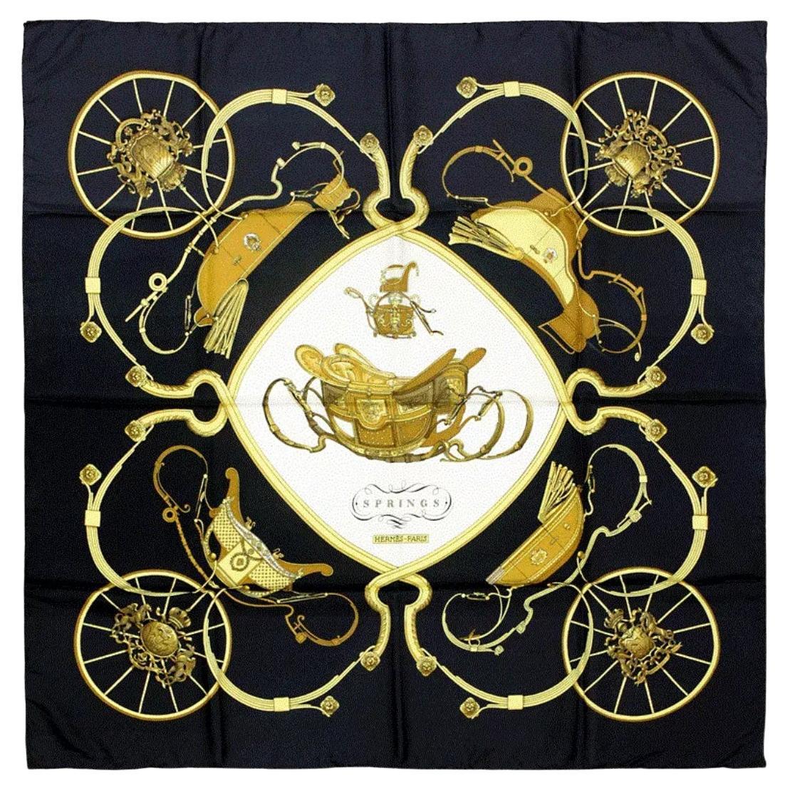 1974 Pañuelo Hermès negro "Springs" de Philippe Ledoux de 90 cm en sarga de seda