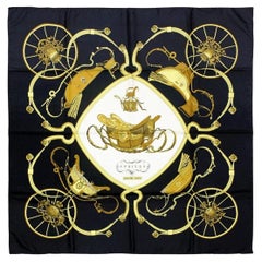 1974 Pañuelo Hermès negro "Springs" de Philippe Ledoux de 90 cm en sarga de seda