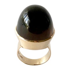 Vintage 1974 Kaunis Koru 14K Gold Smoky Quartz High Dome Cabochon Finnish Modernist Ring