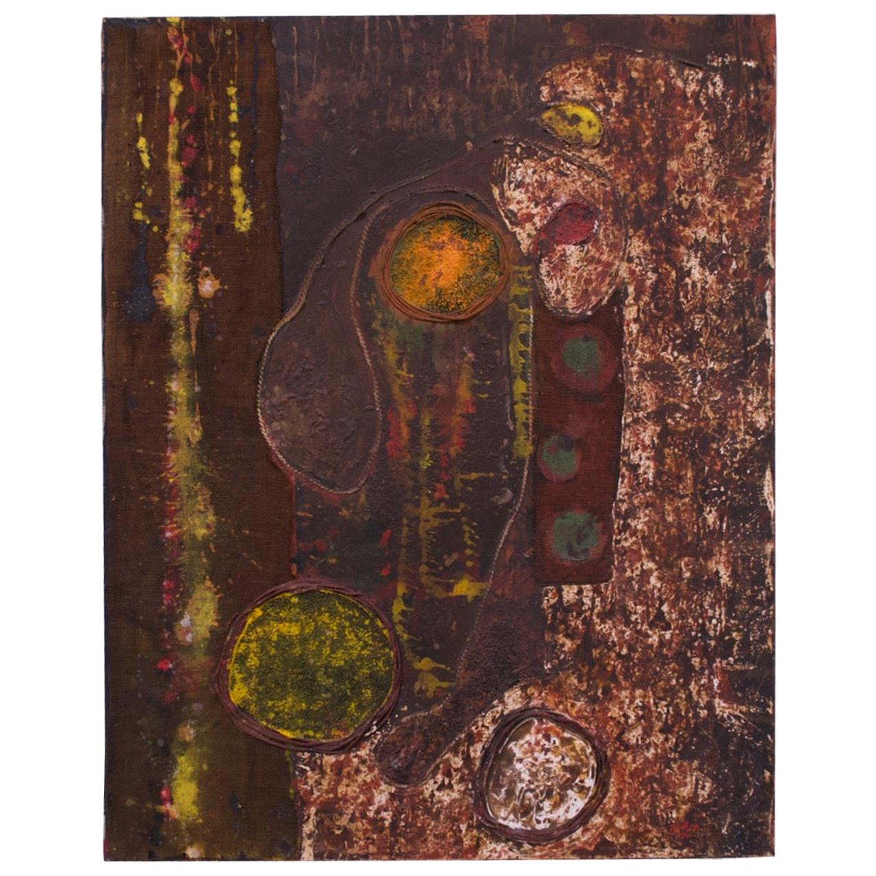 1974 Mixed-Media Acrylic and Raffia Abstract on Canvas Signed Rohan For Sale