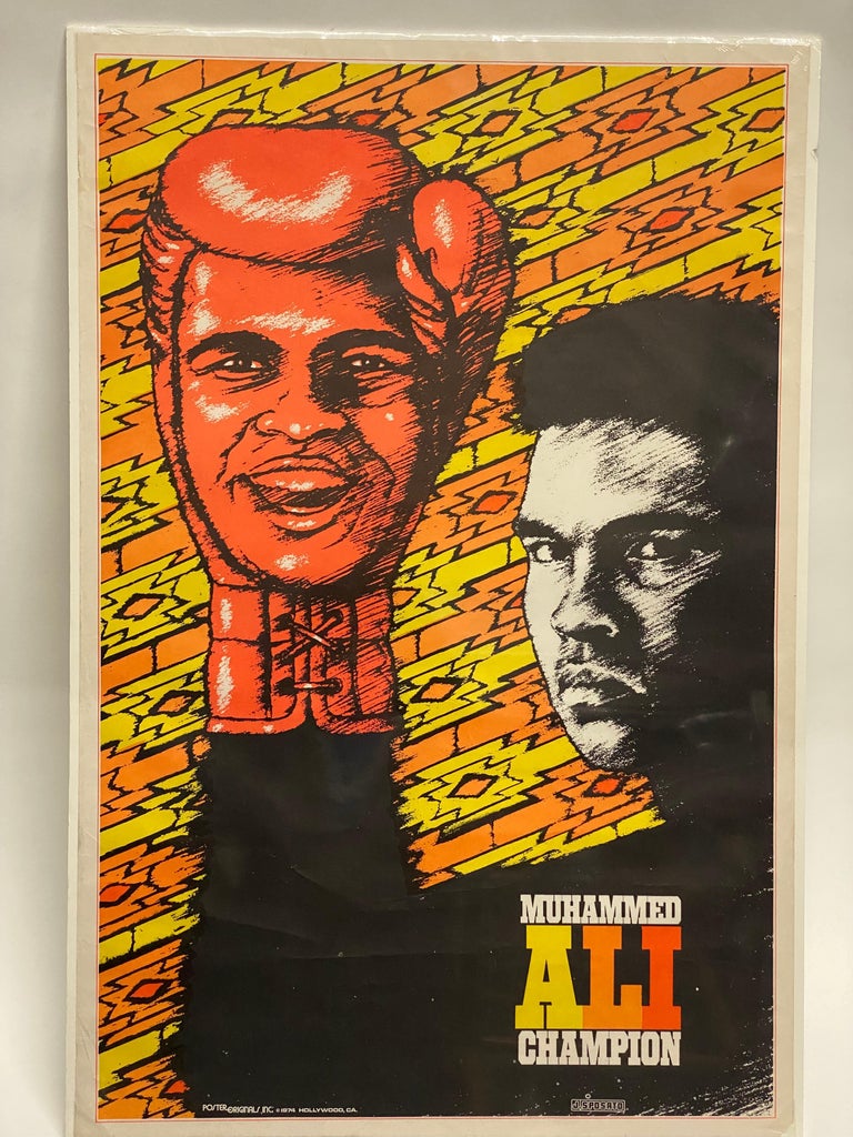 Black light lithograph poster of Muhammed Ali, circa 1974. Published by Poster Originals, Hollywood, California, 1974, J. Sposato. Produced a year before Ali and Joe Frazier's Thrilla in Manila. In 1974, Ali was 32 and close to his peak prime