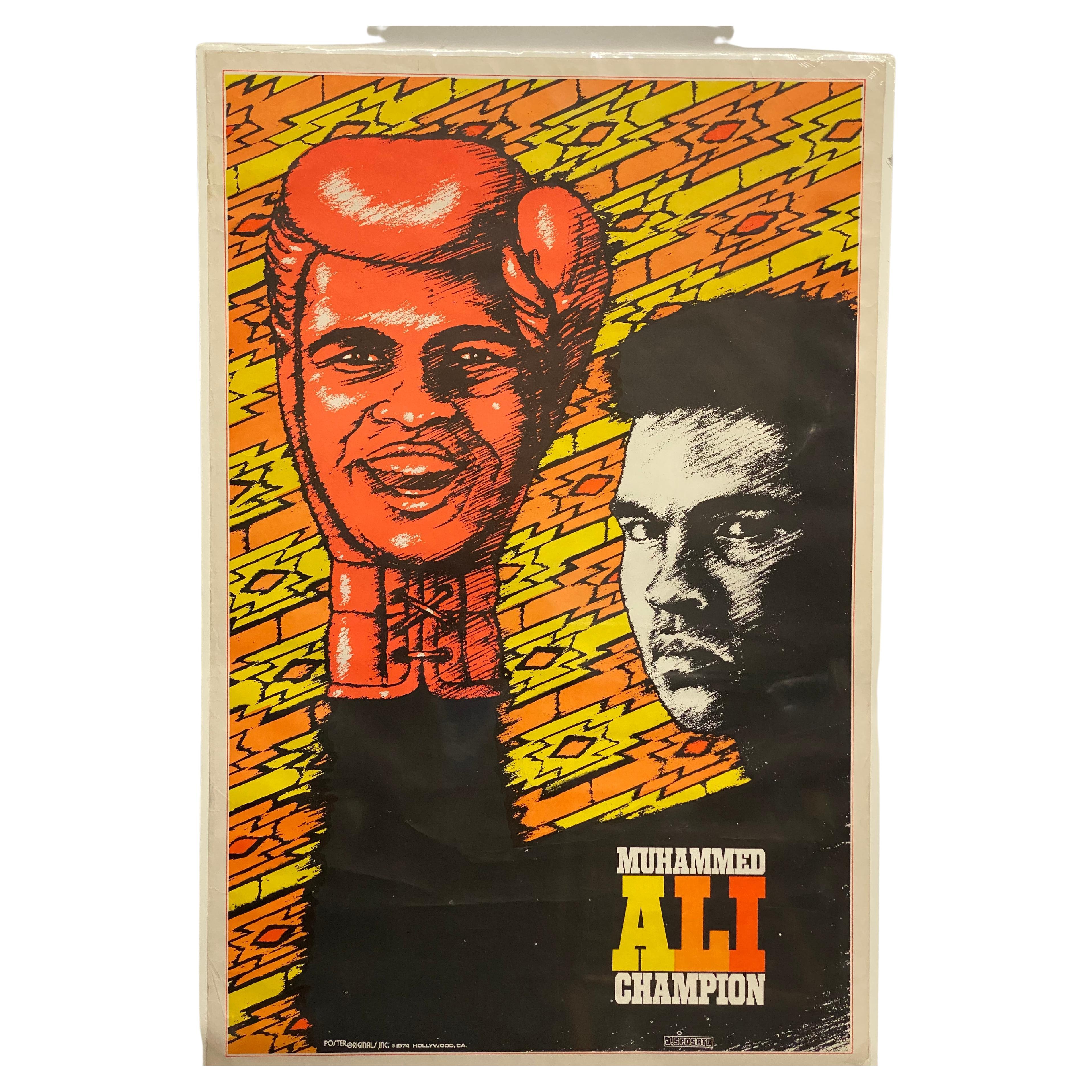Affiche noire « Muhammed Ali Champion » de 1974 en vente