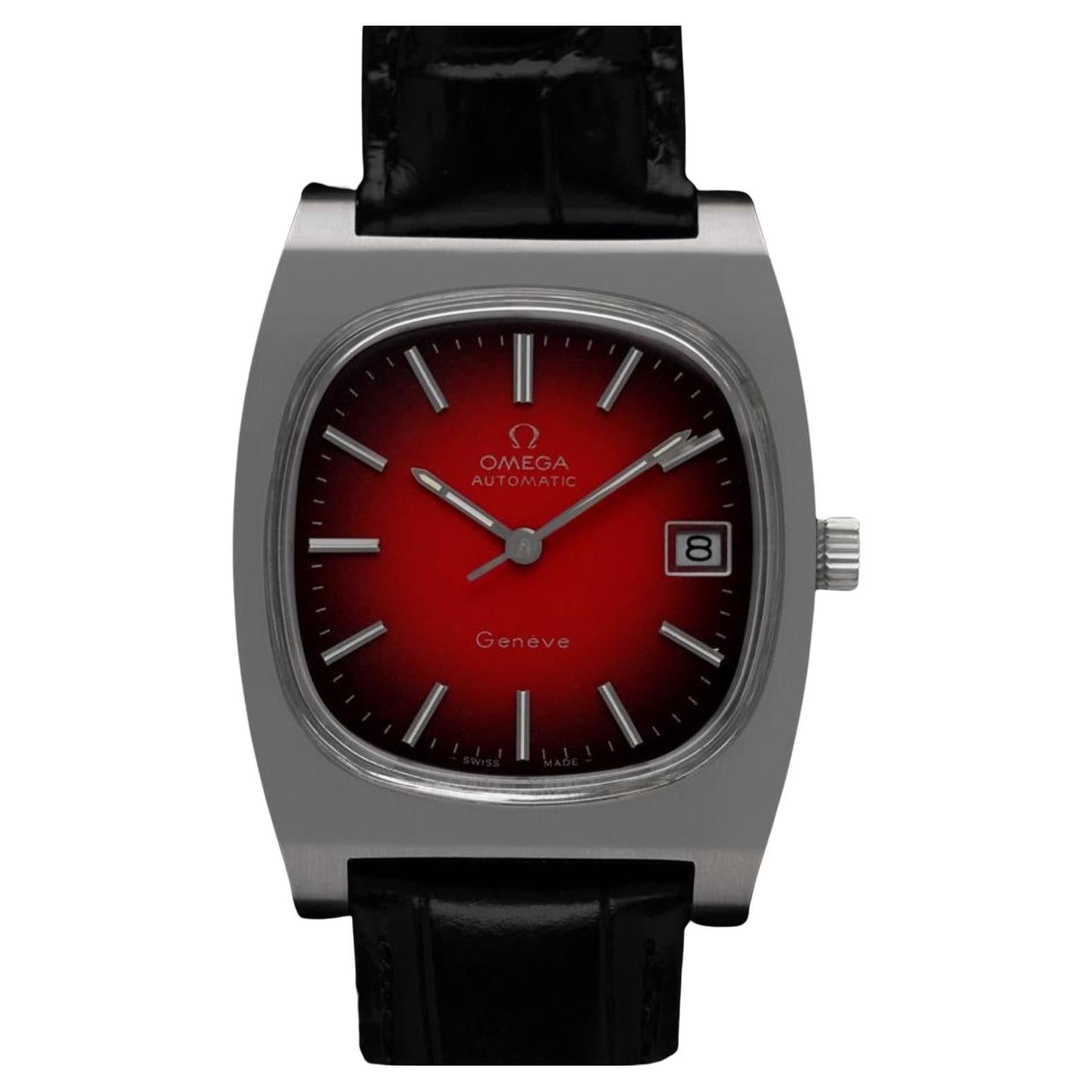 1974 Omega Geneve Vintage Mens TV Shaped Watch with Porsche Red Vignette Dial