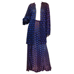 1974 Purple and Blue Sheer Satin Ombre Clover Kimono Jacket and Skirt Ensemble