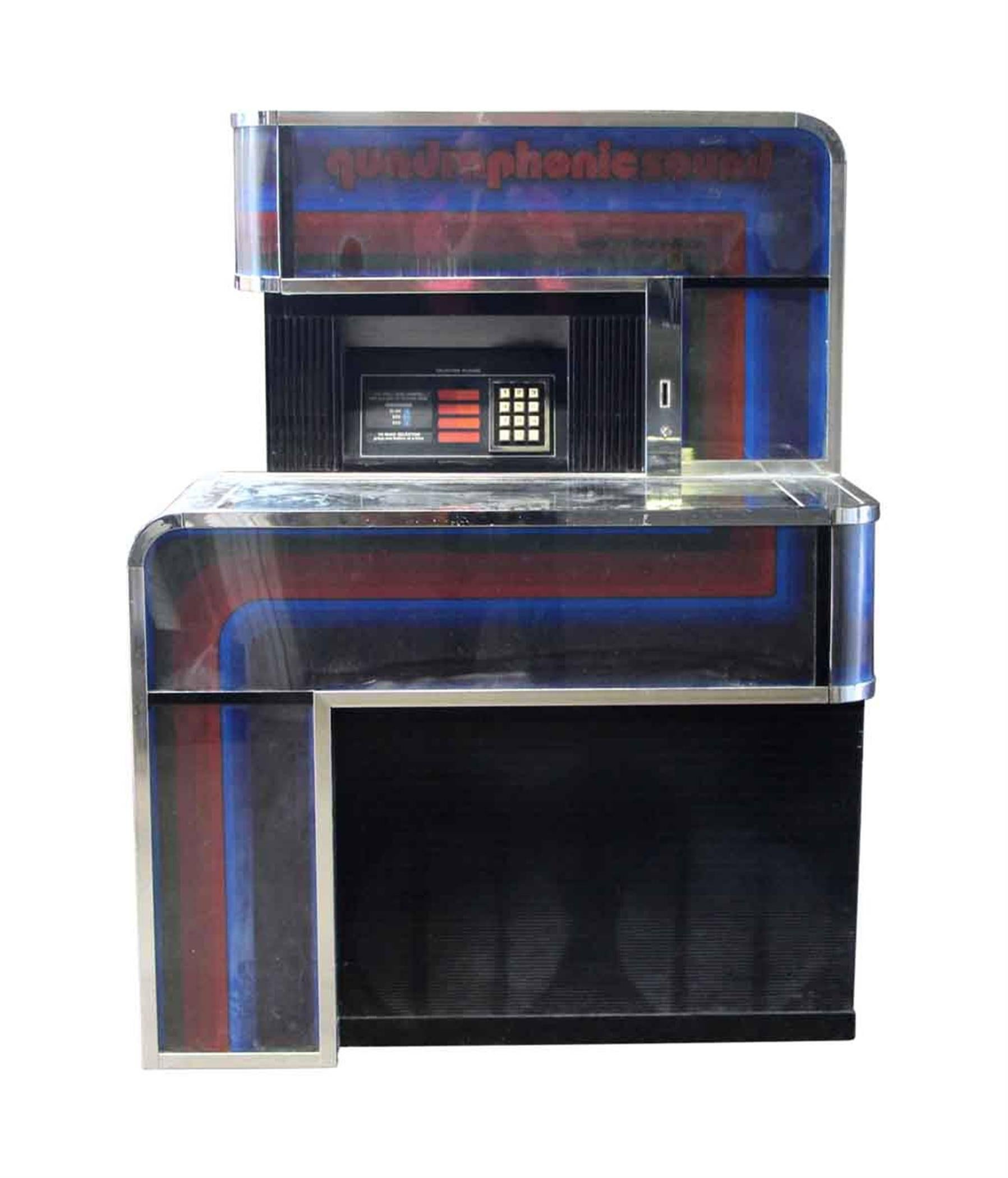 First edition 1974 Seeburg Quadraphonic sound digital jukebox in blue, red and black. Serial number 1563946. It has not been tested to see if it is in working condition. This can be seen at our 400 Gilligan St location in Scranton, PA.