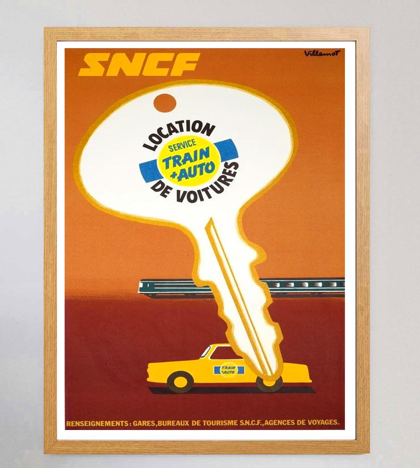Cette superbe et rare affiche pour la SNCF a été conçue par l'iconique affichiste et graphiste Bernard Villemot. Plus connu pour ses collaborations avec des entreprises telles que Bally, Air France et Perrier, il est reconnu comme l'un des plus