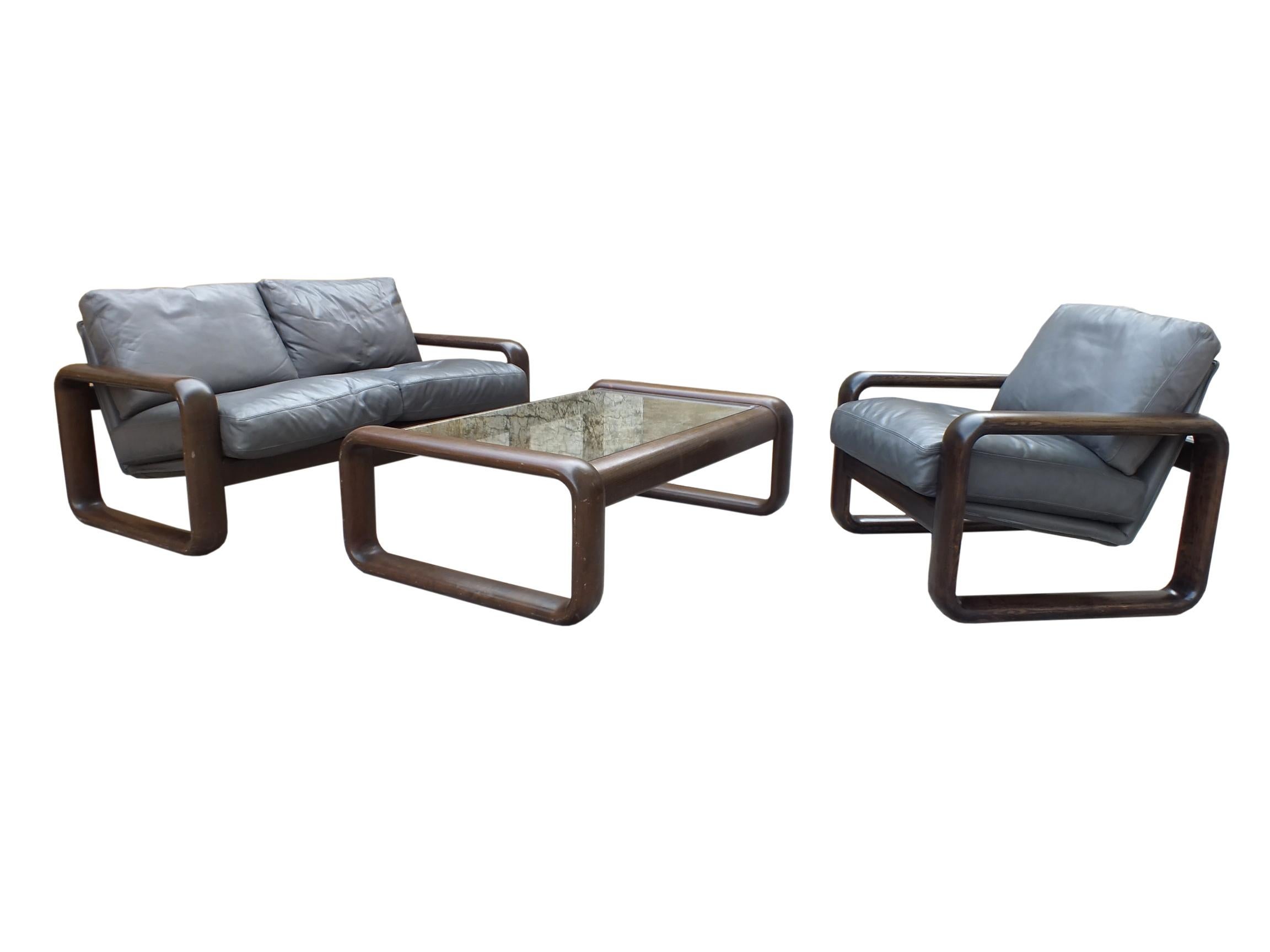 Hombre set in leather gray/azur and wood by Rosenthal design Burkhard Vogtherr in year ’74, set of three pieces of sofas two seat more armchair more low table.

 set of three piece in good vintage condition with light sign of use

measure;