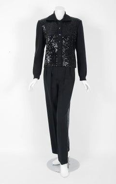 Vintage 1974 Yves Saint Laurent Pailletten Schwarzer Wollpullover Le Smoking Pants Anzug
