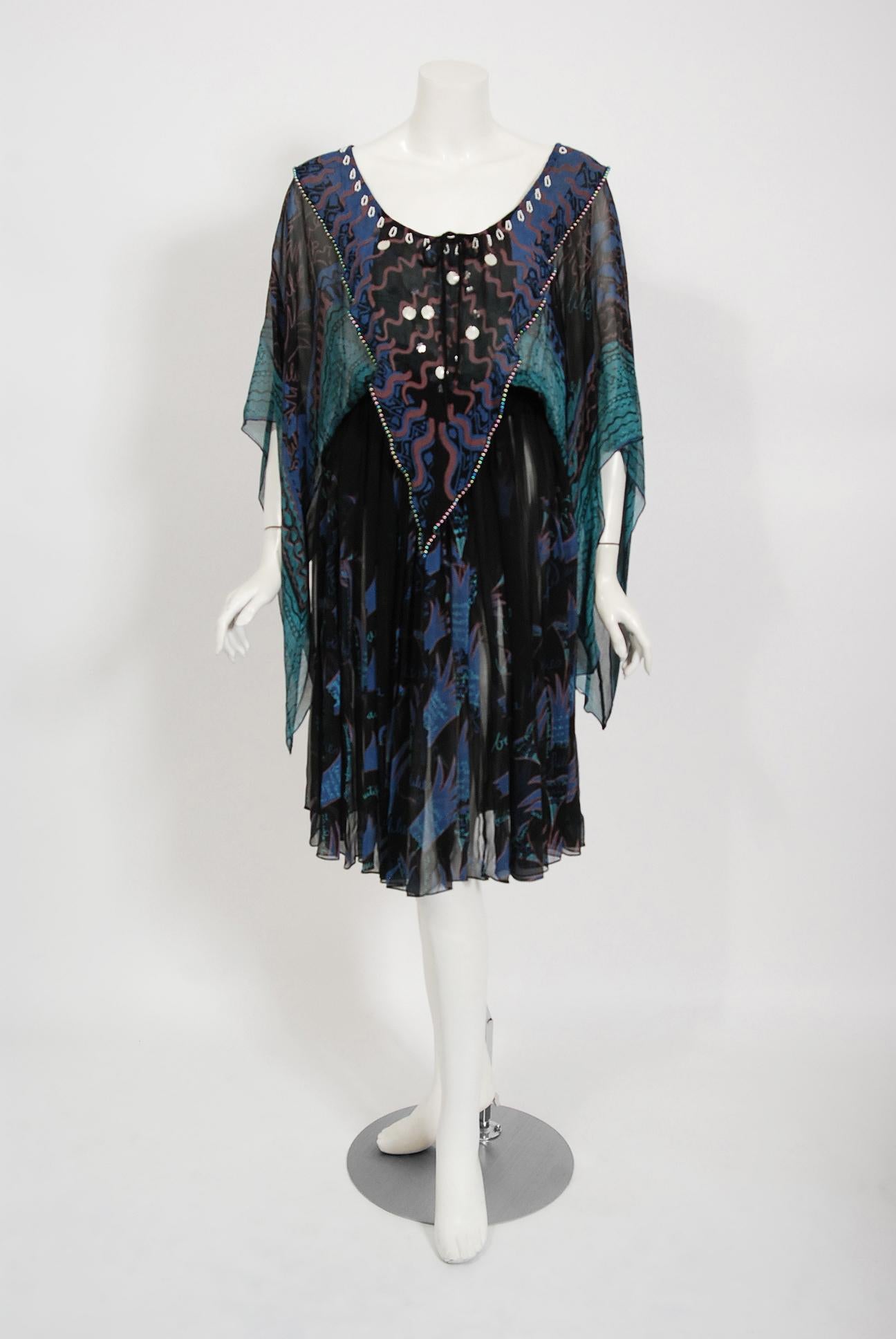 Black Vintage 1974 Zandra Rhodes Field Of Lilies Hand-Painted Silk Angel Sleeve Dress