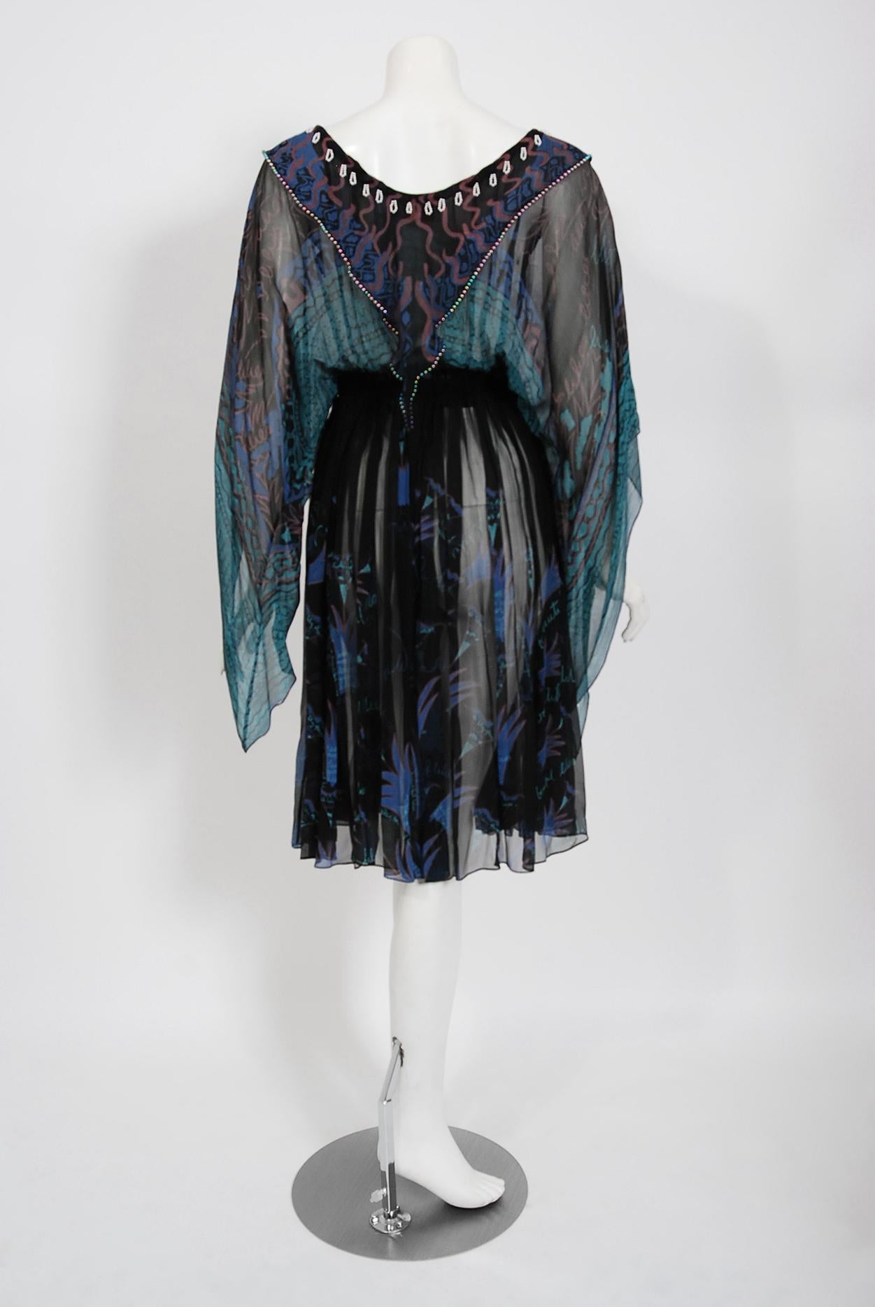 Vintage 1974 Zandra Rhodes Field Of Lilies Hand-Painted Silk Angel Sleeve Dress 4