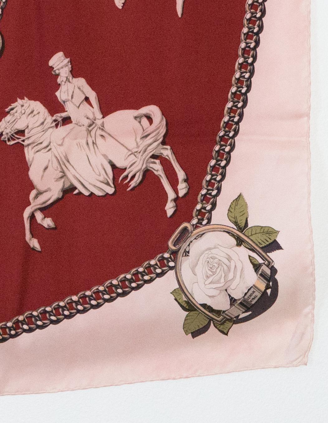 Rare écharpe en soie Hermès Bordeaux Les Amazones de Philippe Ledoux des années 1974 en vente 2