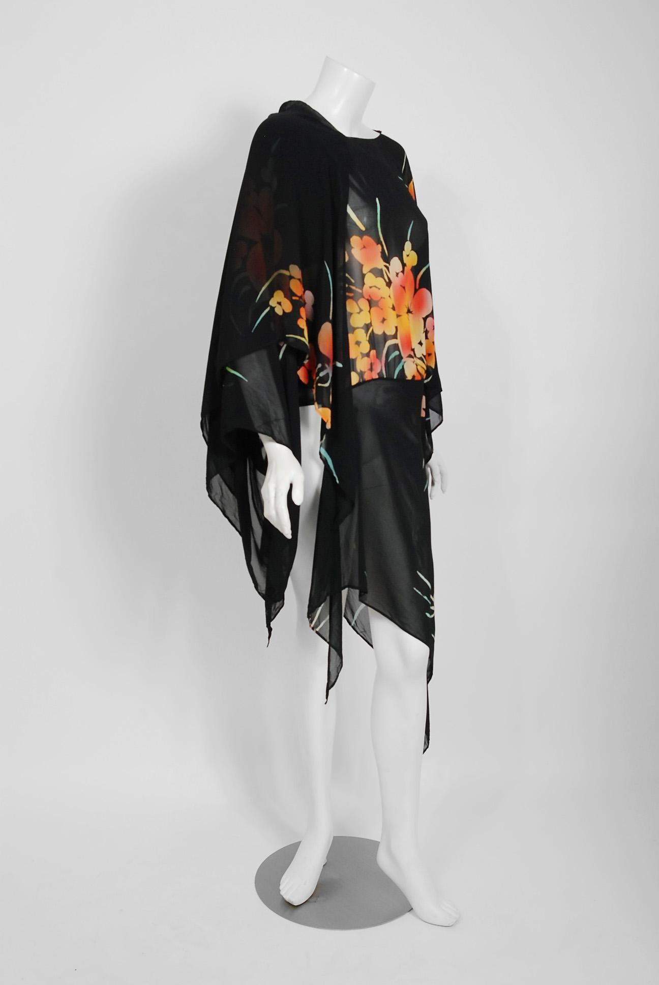Black Vintage 1970's Alice Pollock Floral Chiffon Kimono-Sleeve Asymmetric Tunic Dress