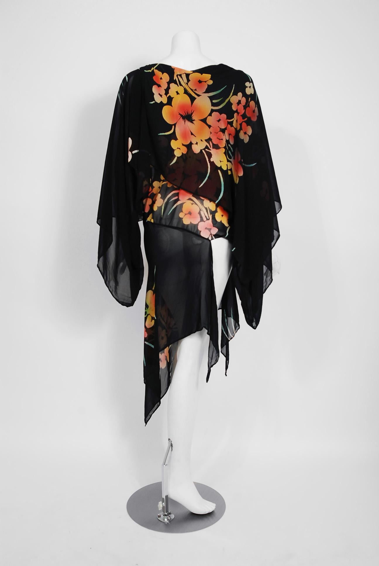 Women's Vintage 1970's Alice Pollock Floral Chiffon Kimono-Sleeve Asymmetric Tunic Dress
