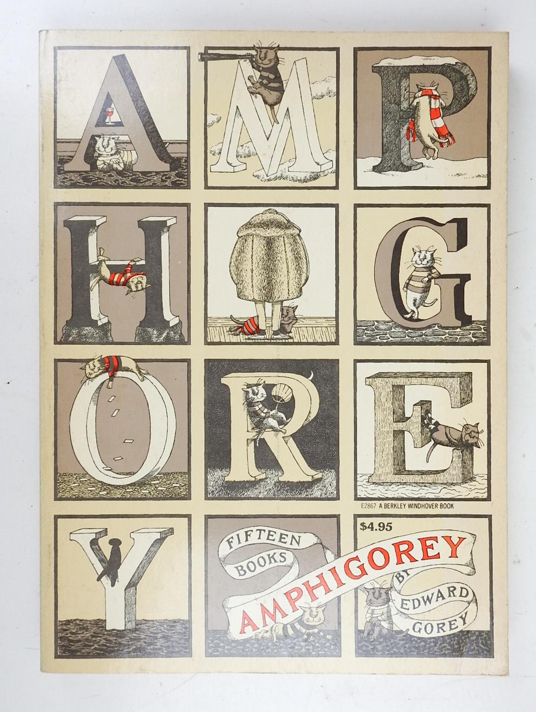 Amphigorey: Fifteen Books by Edward Gorey  Published by Berkley Windhover, New York, 1975.  Edward St. John Gorey was an American writer, Tony Award-winning costume designer, and artist.  Illustrated softcover binding, edge wear.