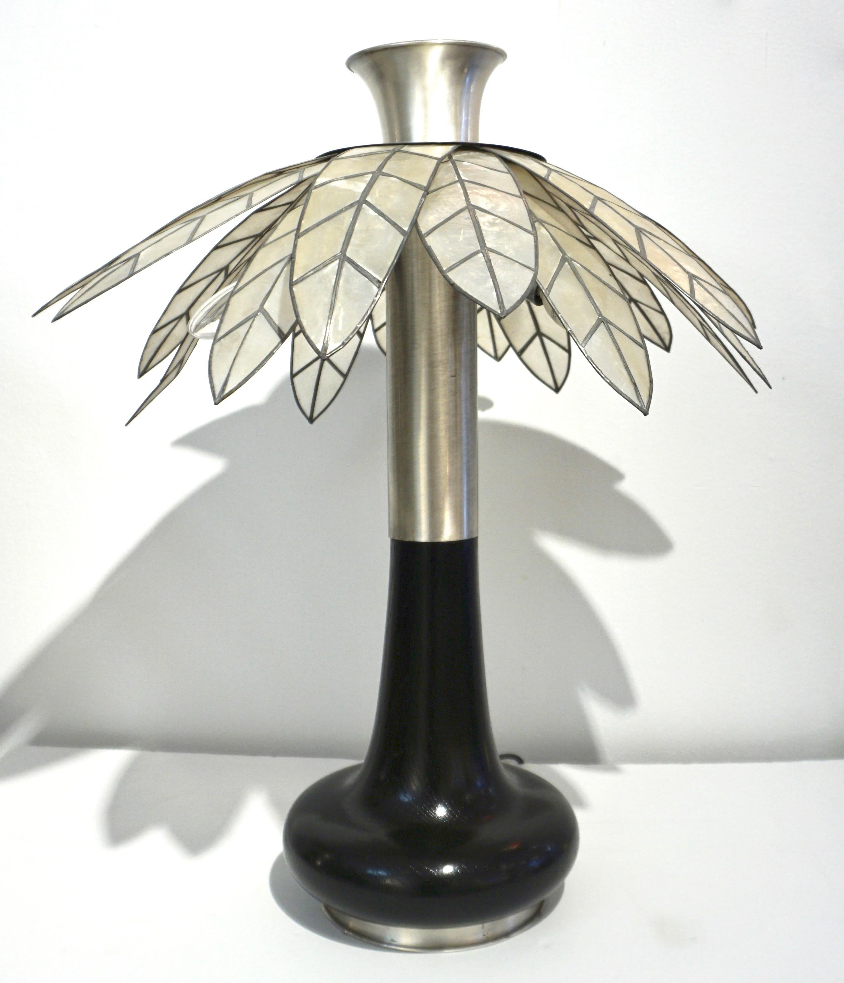 Brushed 1975 Banci Italian Art Deco Pair of Mother of Pearl & Black Ebonized Palm Lamps