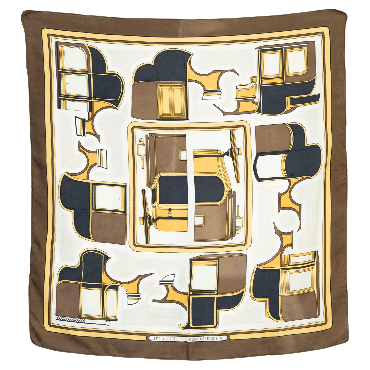 1975 Brown Hermes Les Coupes by F.de la Perriere Silk Scarf For Sale at  1stDibs