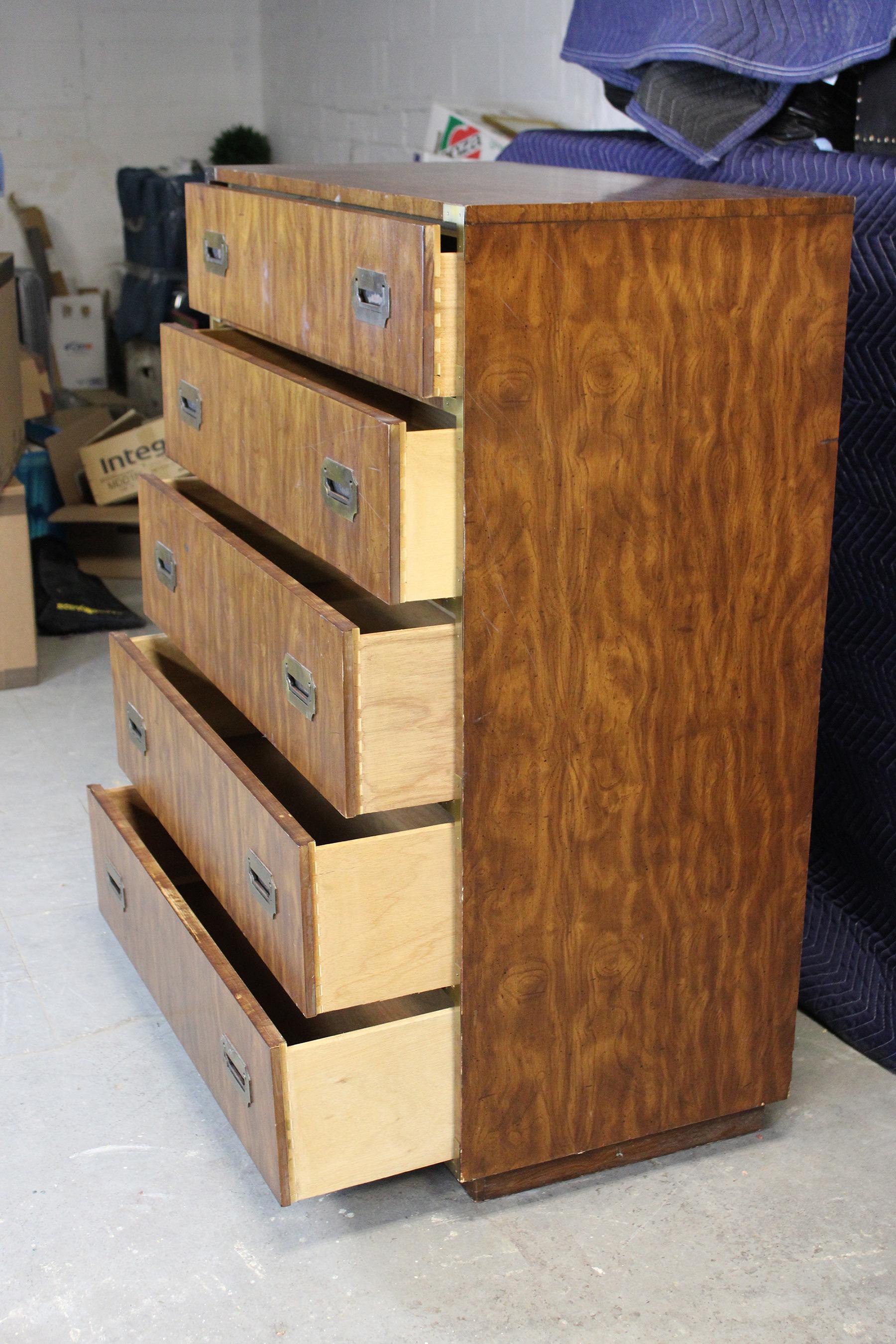 1975 Dixie Campaigner Walnut Highboy Chest of Drawers Campaign Dresser MCM 545 In Good Condition In Dayton, OH